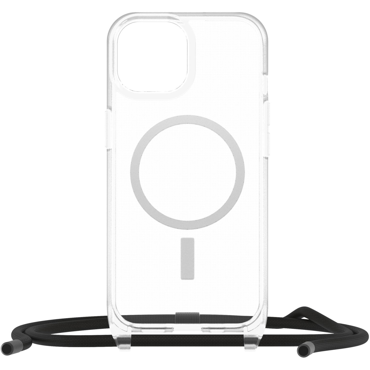 Een transparante telefoonhoes met een zwart koord. Cirkelvormige magneet en rechthoekige uitsparing.