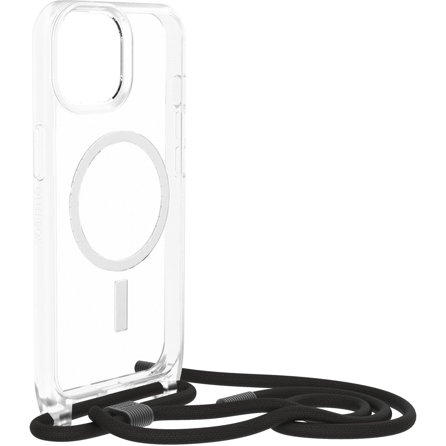 Transparante iPhone-hoes met een zwarte nekriem, toont een cirkelvormige magneet.