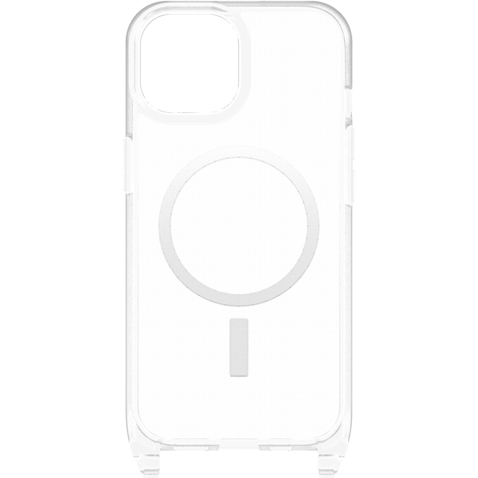 Transparante iPhone case. Rechthoekige vorm met openingen voor camera en knoppen. Witte achtergrond.