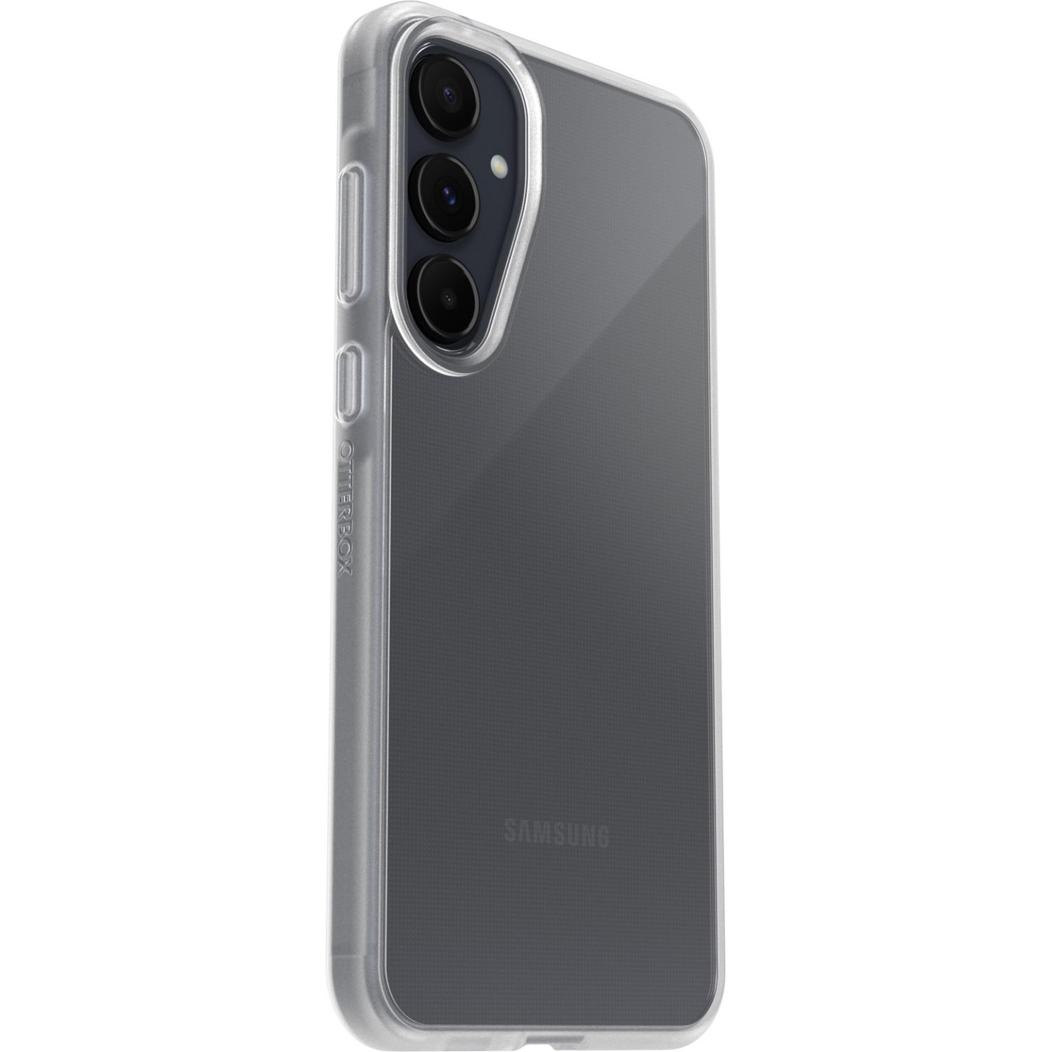 Transparante telefoonhoes met zwarte camera en Samsung logo.
