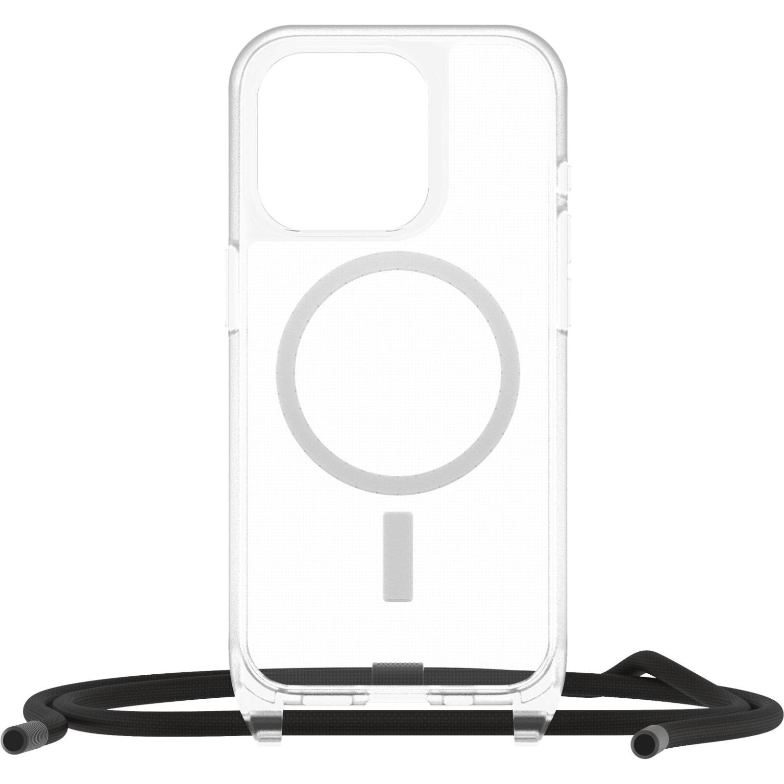 Transparente Handyhülle mit schwarzem Kordel-Lanyard. Die Hülle hat eine magnetische Befestigung.