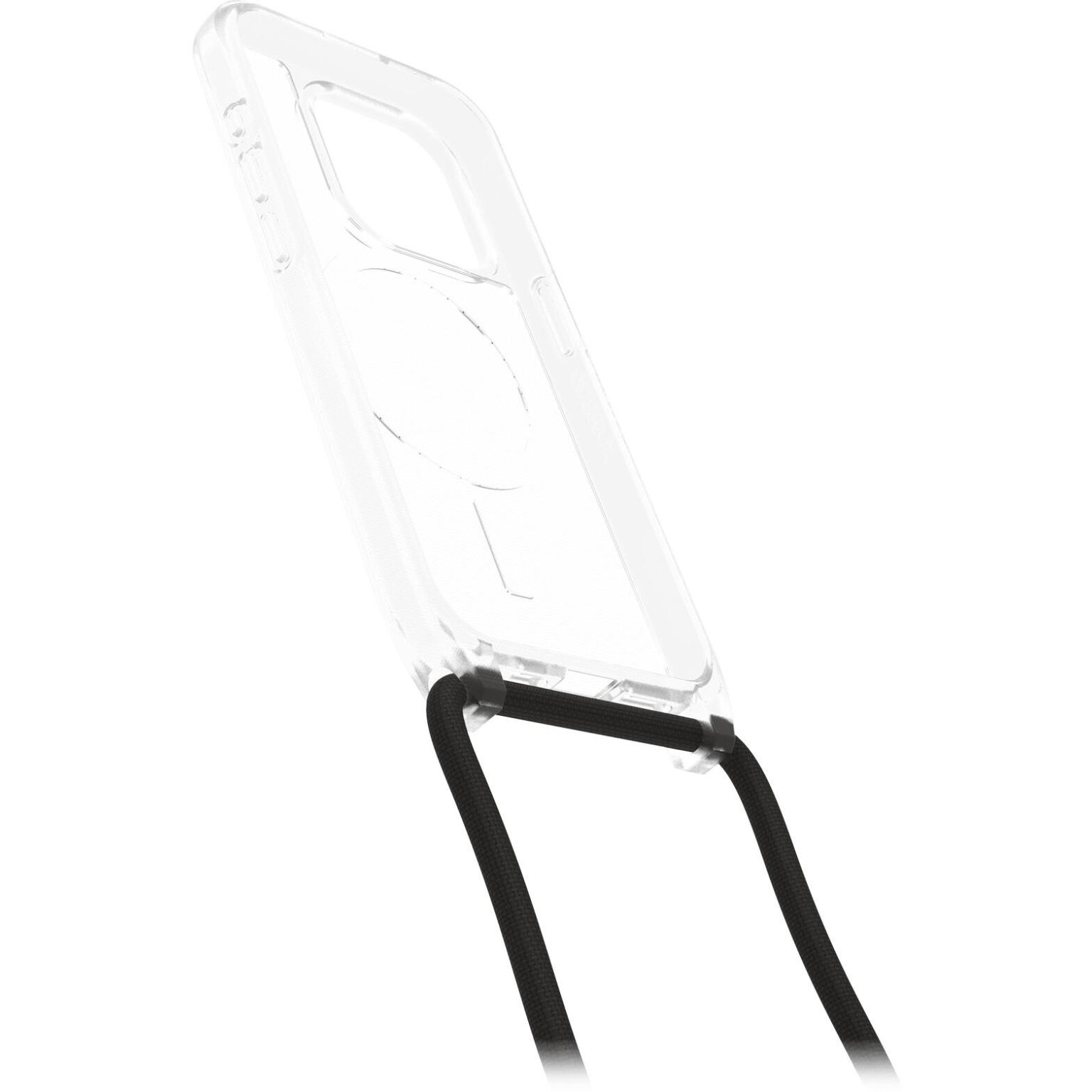 Eine transparente Handyhülle mit schwarzem Band.