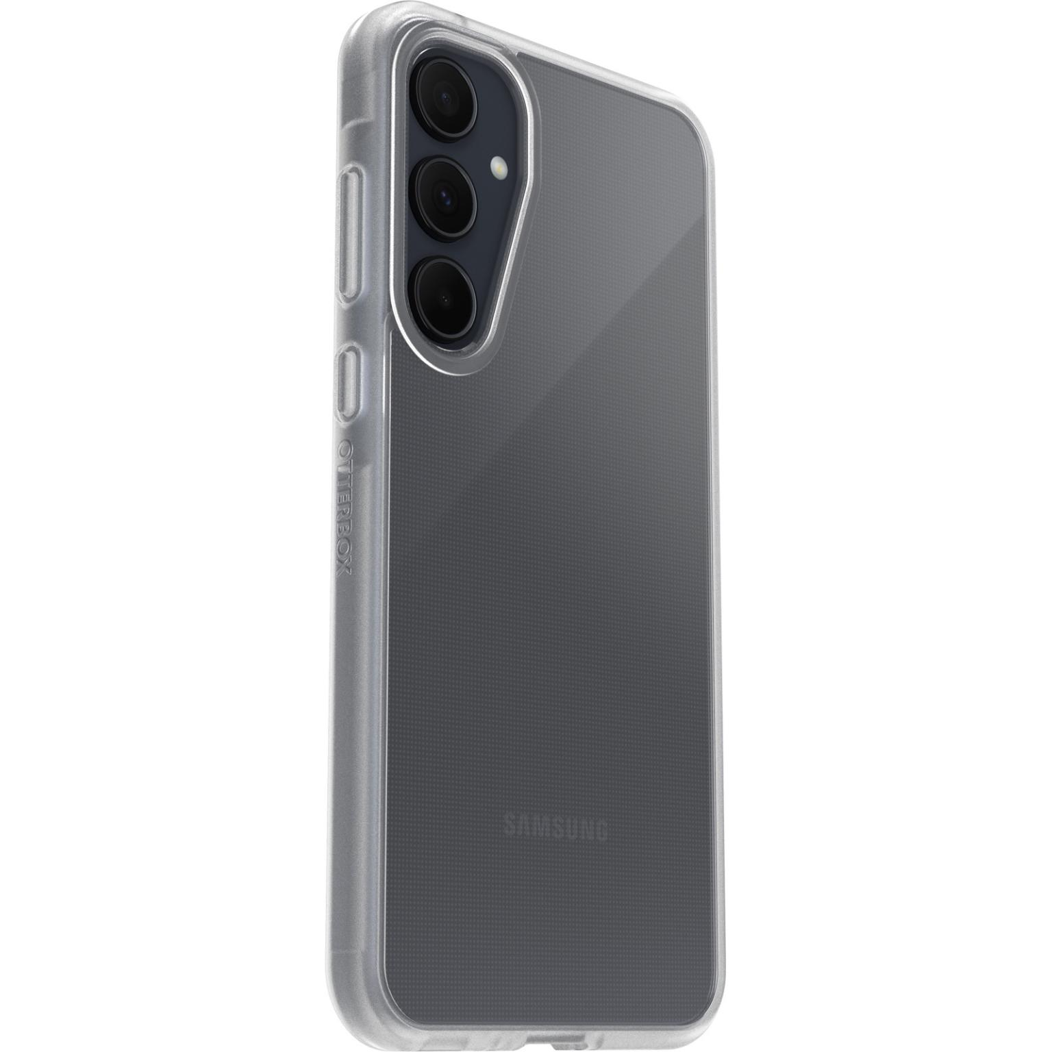 Transparante telefoonhoes op een telefoon. Telefoon is donker met een drievoudige camera-opstelling. Merk Otterbox.