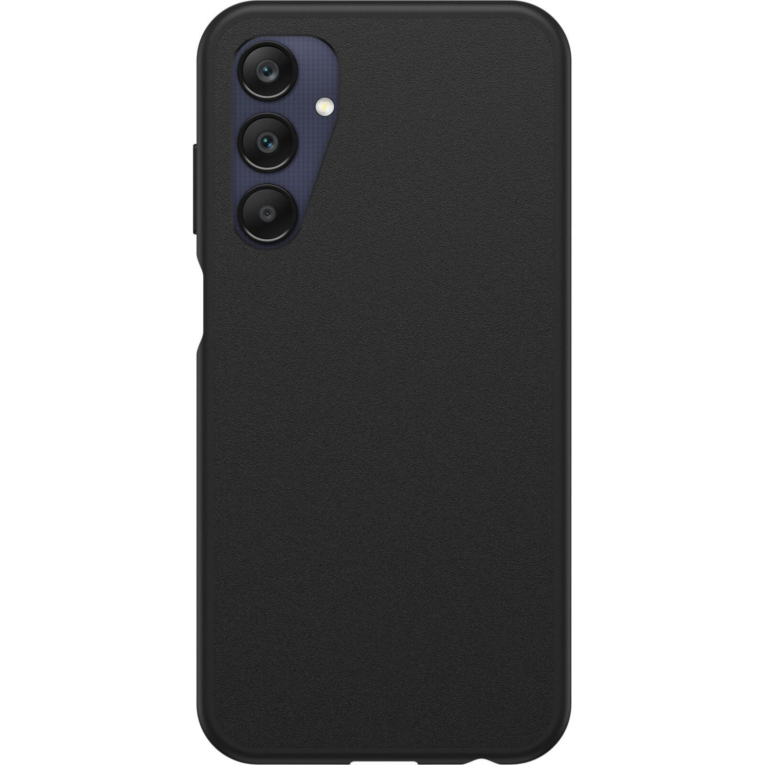 Zwarte telefoonhoes met telefoon erin. De hoes heeft een camera en knoppen aan de zijkant. De hoes is zwart.