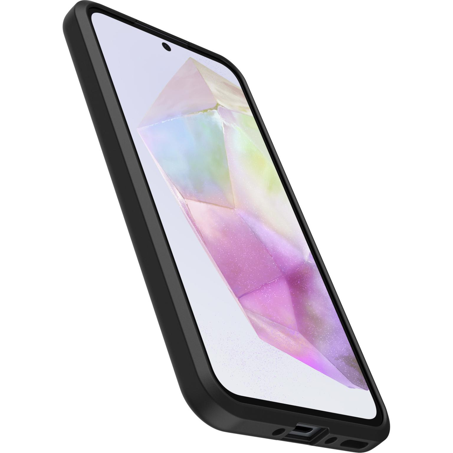 Zwarte telefoonhoes met kleurrijk scherm. De hoes staat op een witte achtergrond.