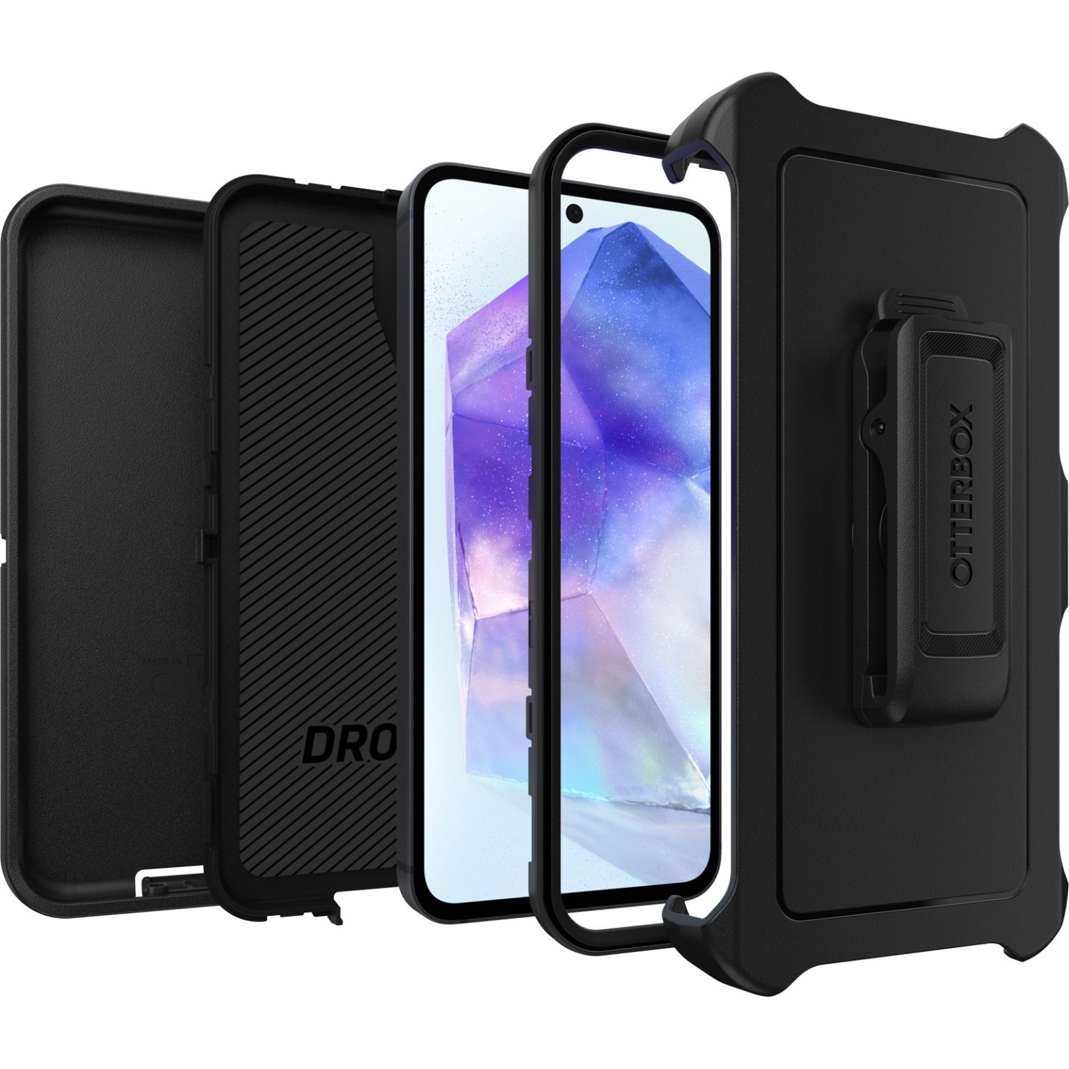Zwarte Otterbox telefoonhoes met meerdere lagen. Toont de telefoon en zijn componenten.