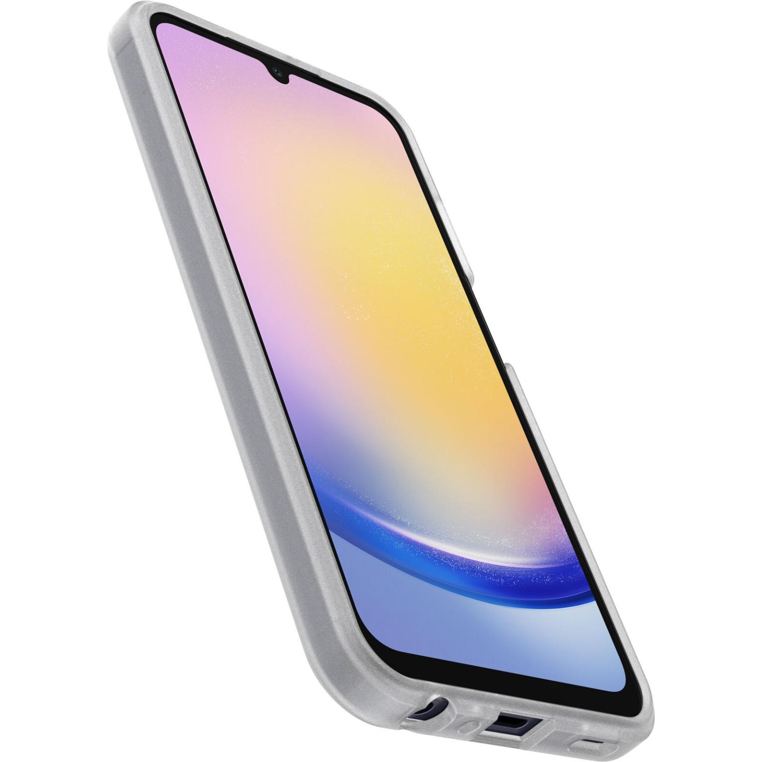 Zilveren telefoonhoes met een kleurrijk scherm, schuin op een witte achtergrond.