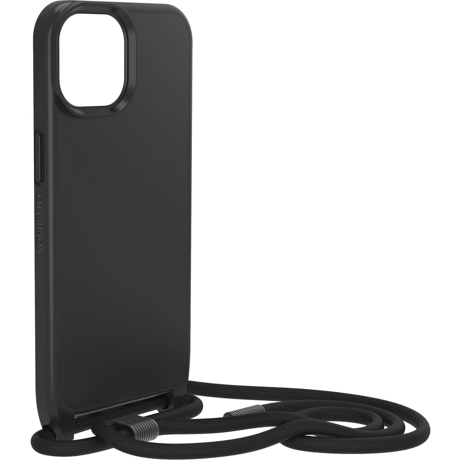 Zwarte telefoonhoes met een zwart koord eraan. De hoes staat op een witte achtergrond.