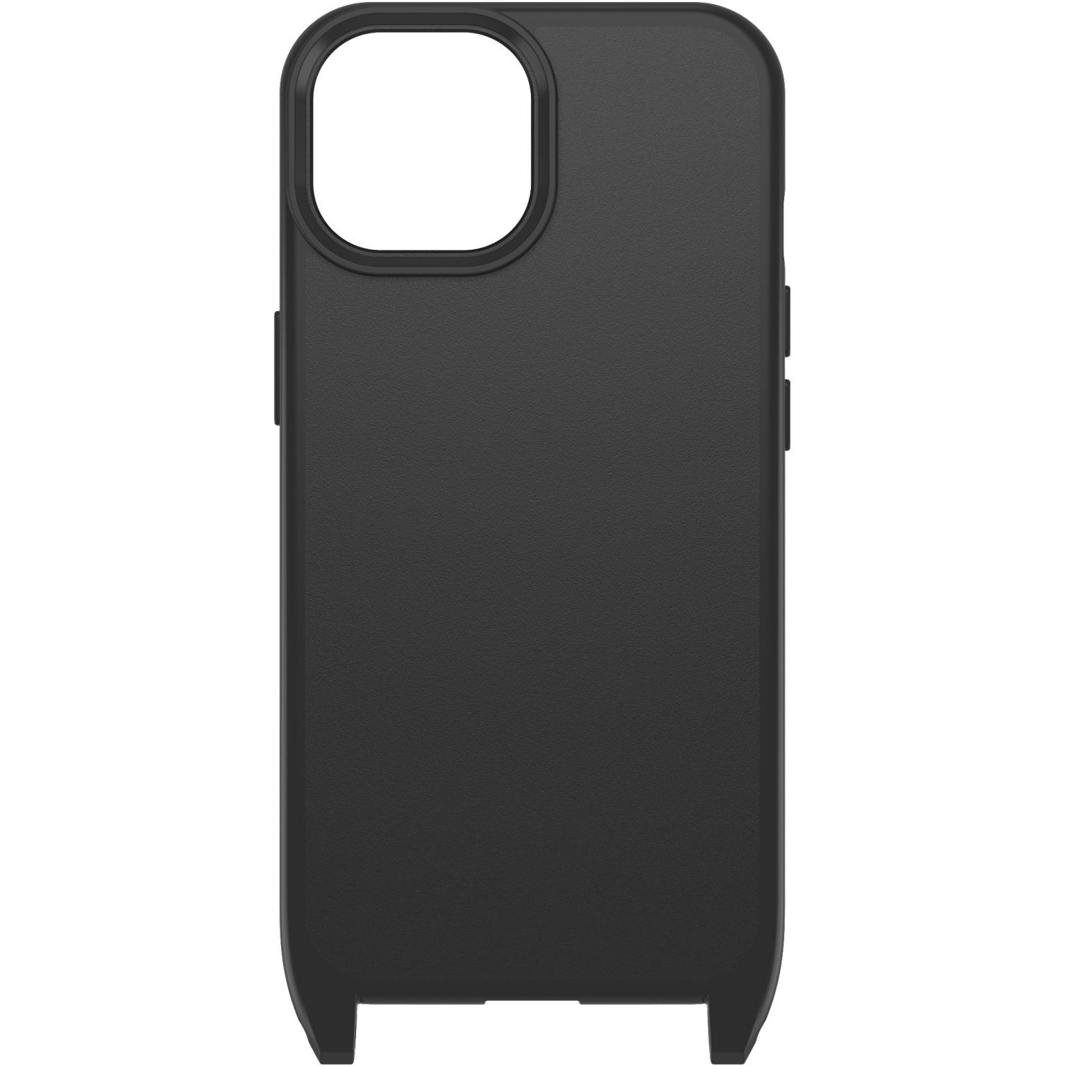 Zwarte telefoonhoes. Het heeft een minimalistisch ontwerp, met een uitsparing voor de camera.