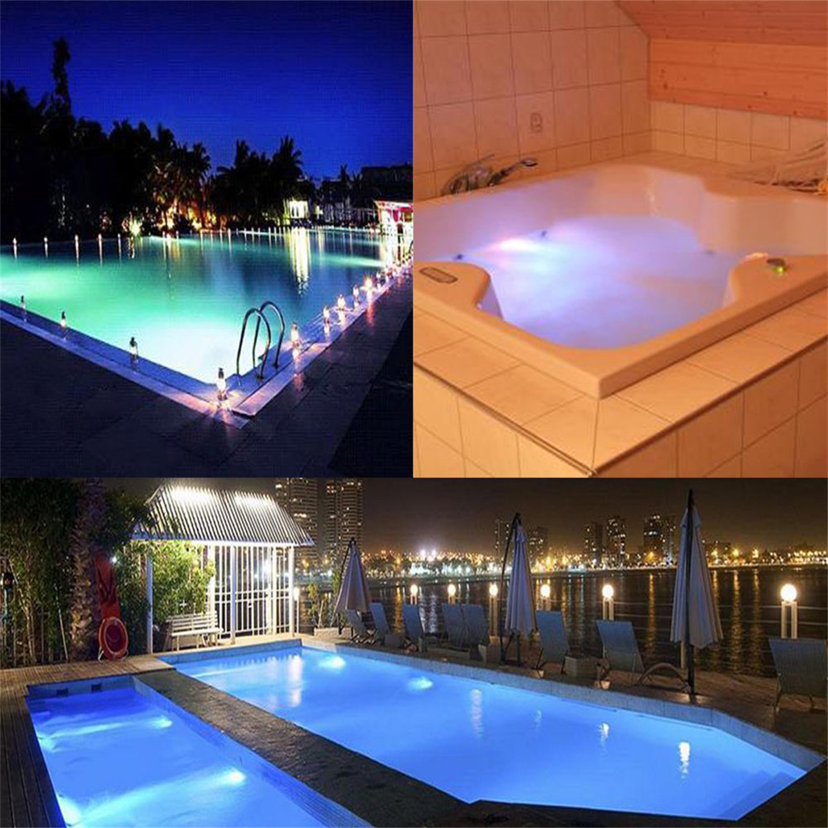 Mehrere Pools bei Nacht, beleuchtet mit blauen Lichtern. Ein Indoor-Whirlpool.