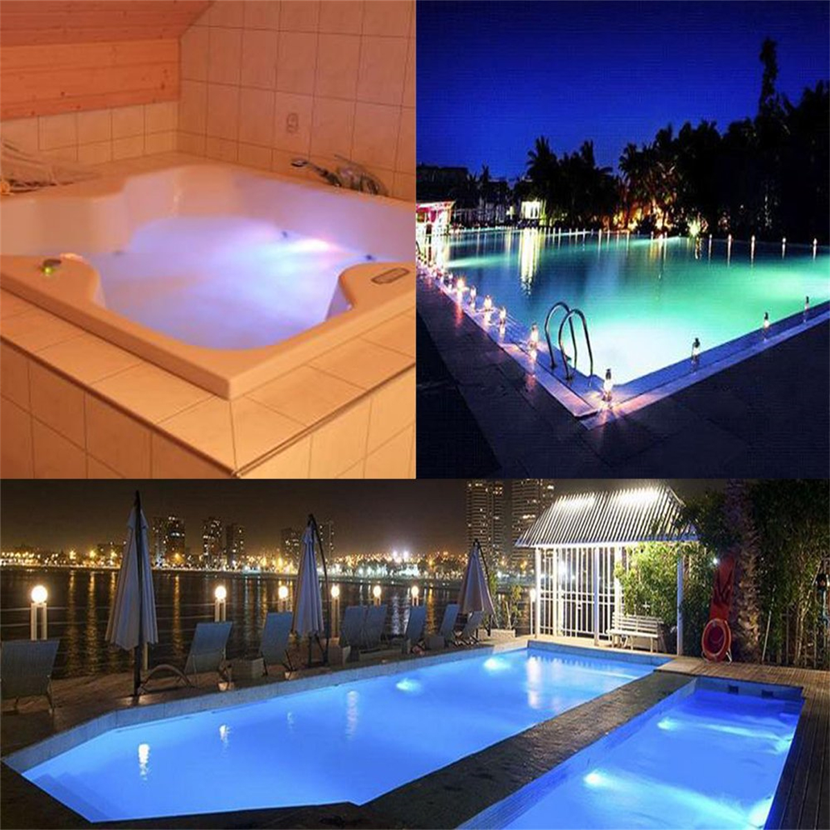 Vier Bilder von Pools und einem Whirlpool, einige nachts beleuchtet.