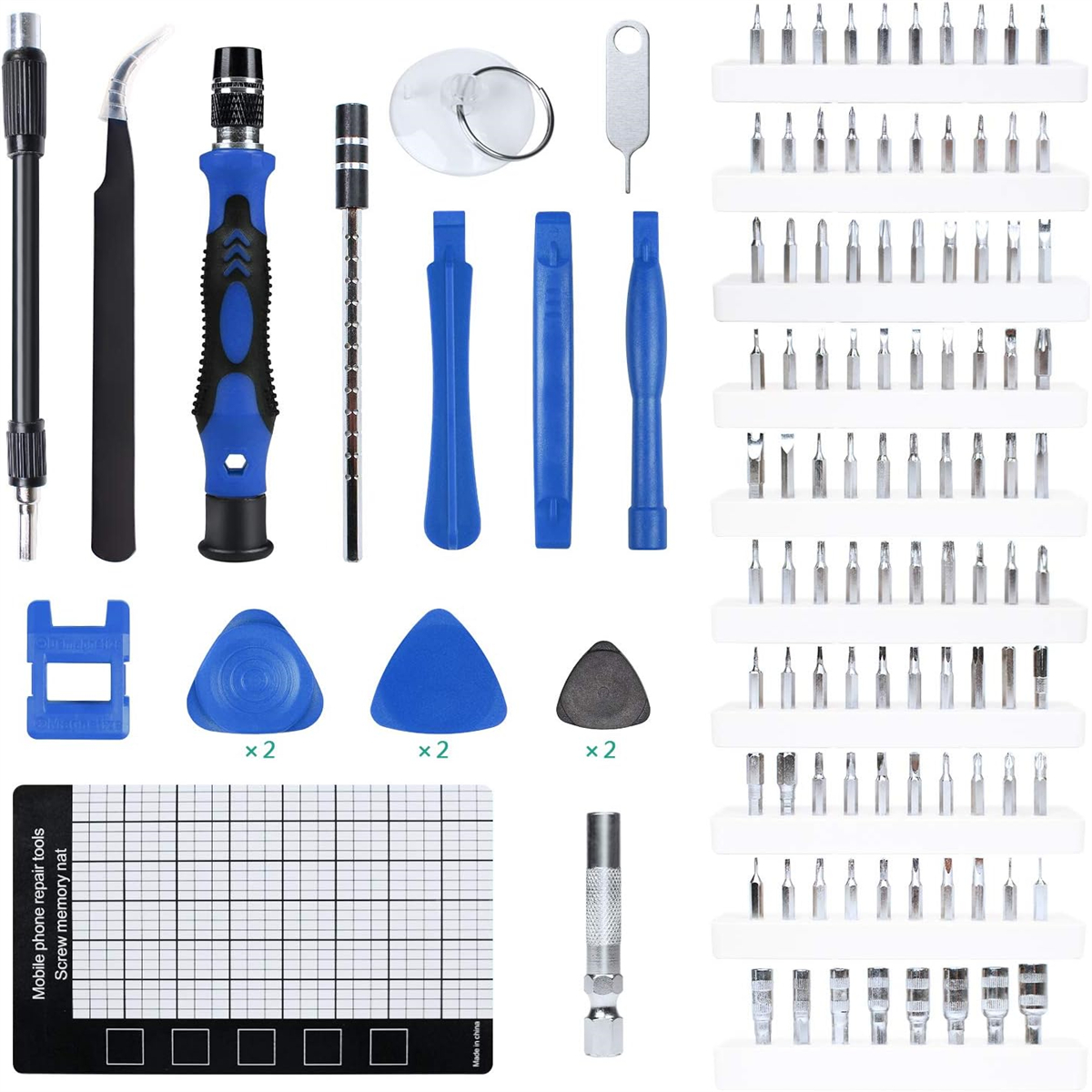 Ein Satz Werkzeuge zur Handy-Reparatur, einschließlich Schraubendreher, Picks und Matte.