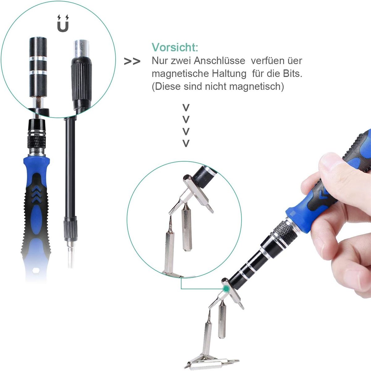 Schraubendreher und Bits mit magnetischem Halter. Die Schraubendreher sind blau und schwarz.