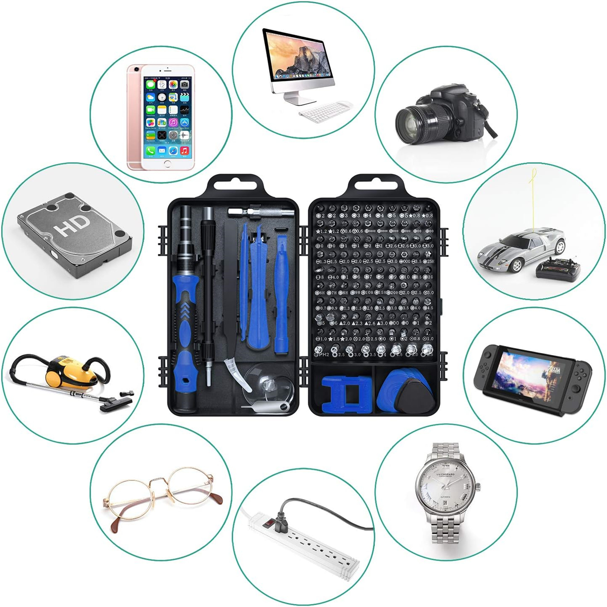 Sammlung von Tech-Artikeln: Telefon, Computer, Kamera, Schraubendreher-Set, Brille, Uhr und mehr.