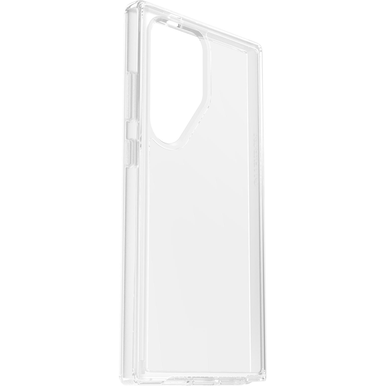 Profilo della custodia trasparente per telefono. Aperture per fotocamera, pulsanti laterali. Sfondo bianco.