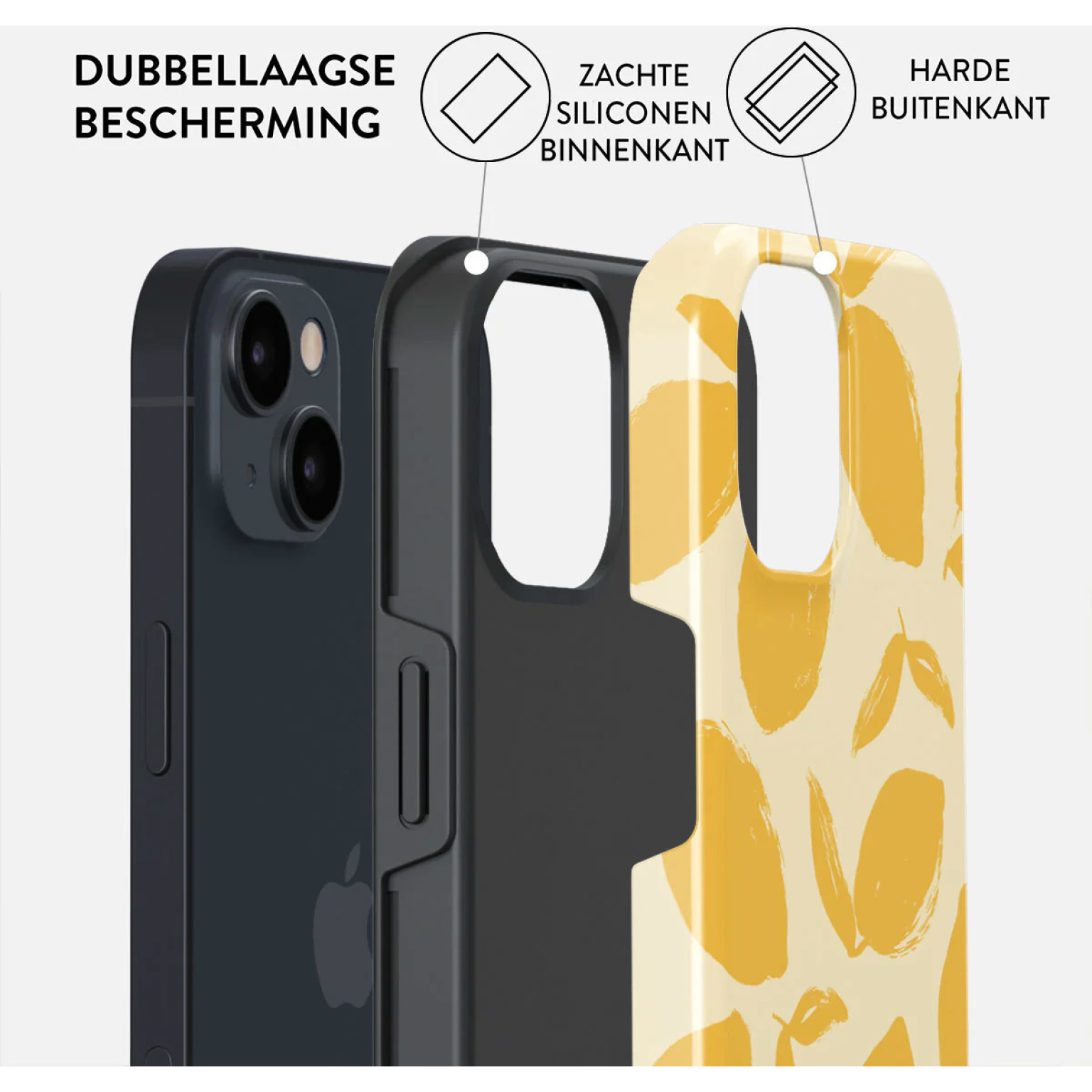 Telefoonhoeslagen: telefoon, zwarte binnenhoes, gele buitenkant met patroon, en tekstlabels.