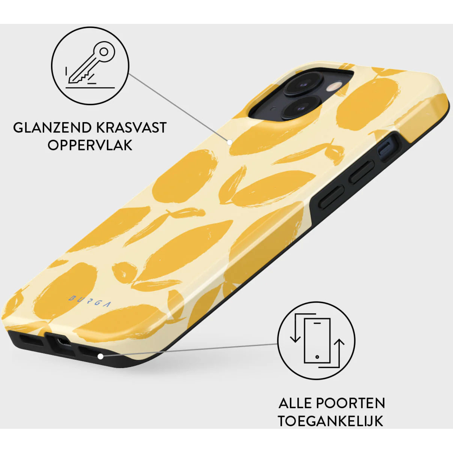 Telefoonhoesje met een geel, verfachtig ontwerp, met annotaties voor functies.