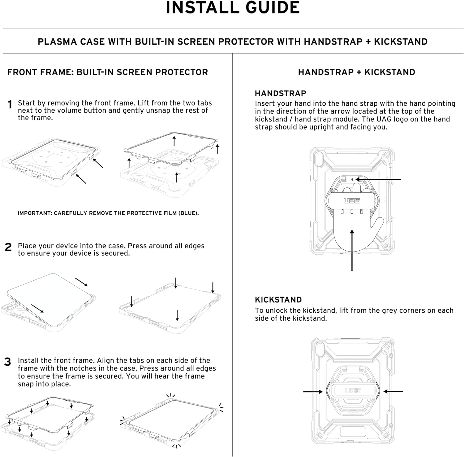 Installationsanleitung mit Diagrammen für eine Hülle mit integriertem Displayschutz und Handschlaufe.