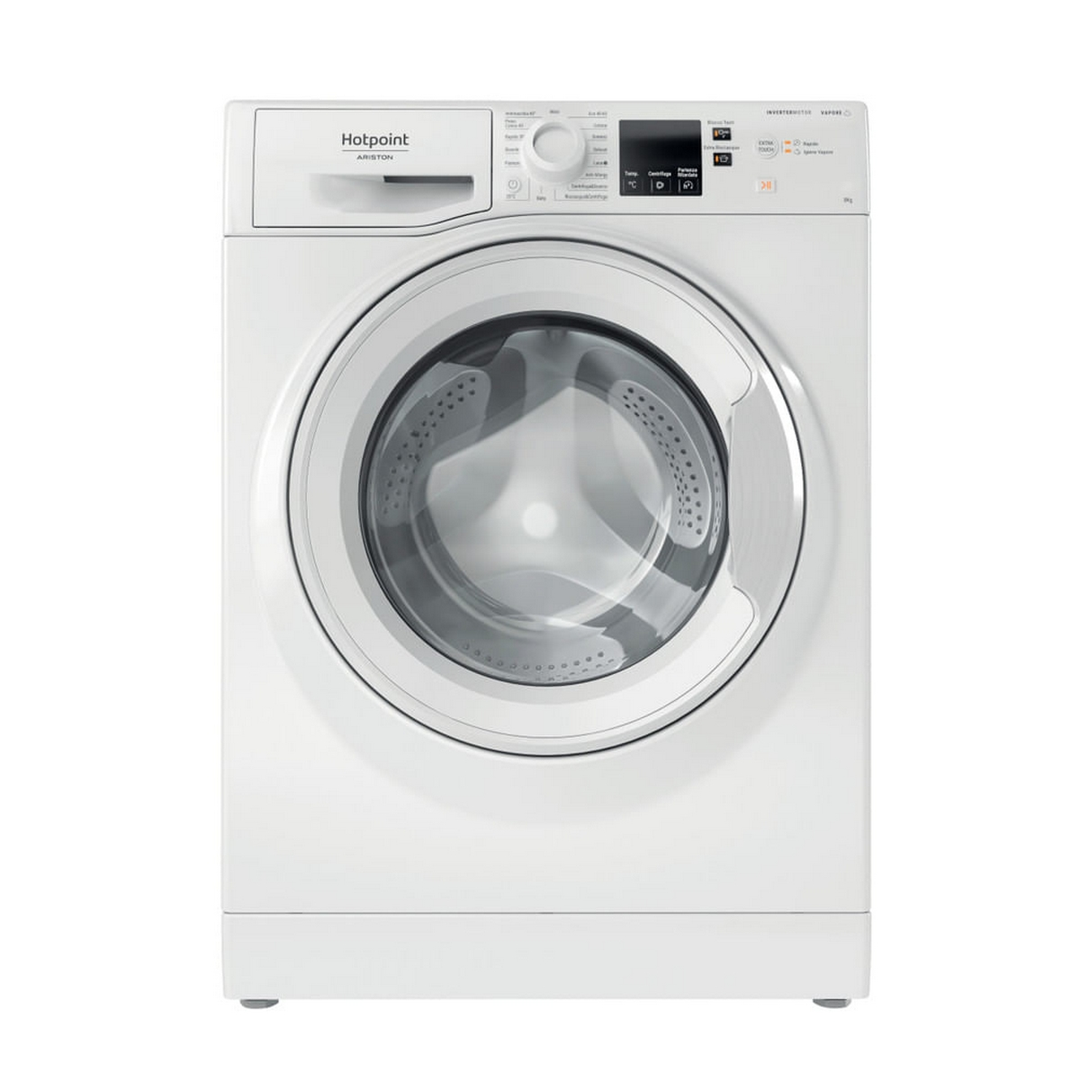 Una lavatrice bianca Hotpoint Ariston è mostrata, isolata su sfondo bianco.