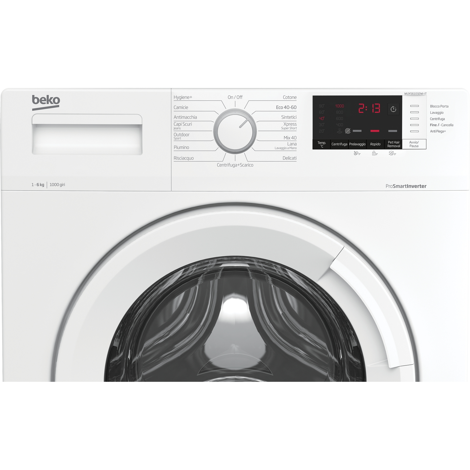 Pannello di controllo della lavatrice Beko bianca. Il pannello ha un quadrante, display e varie impostazioni.