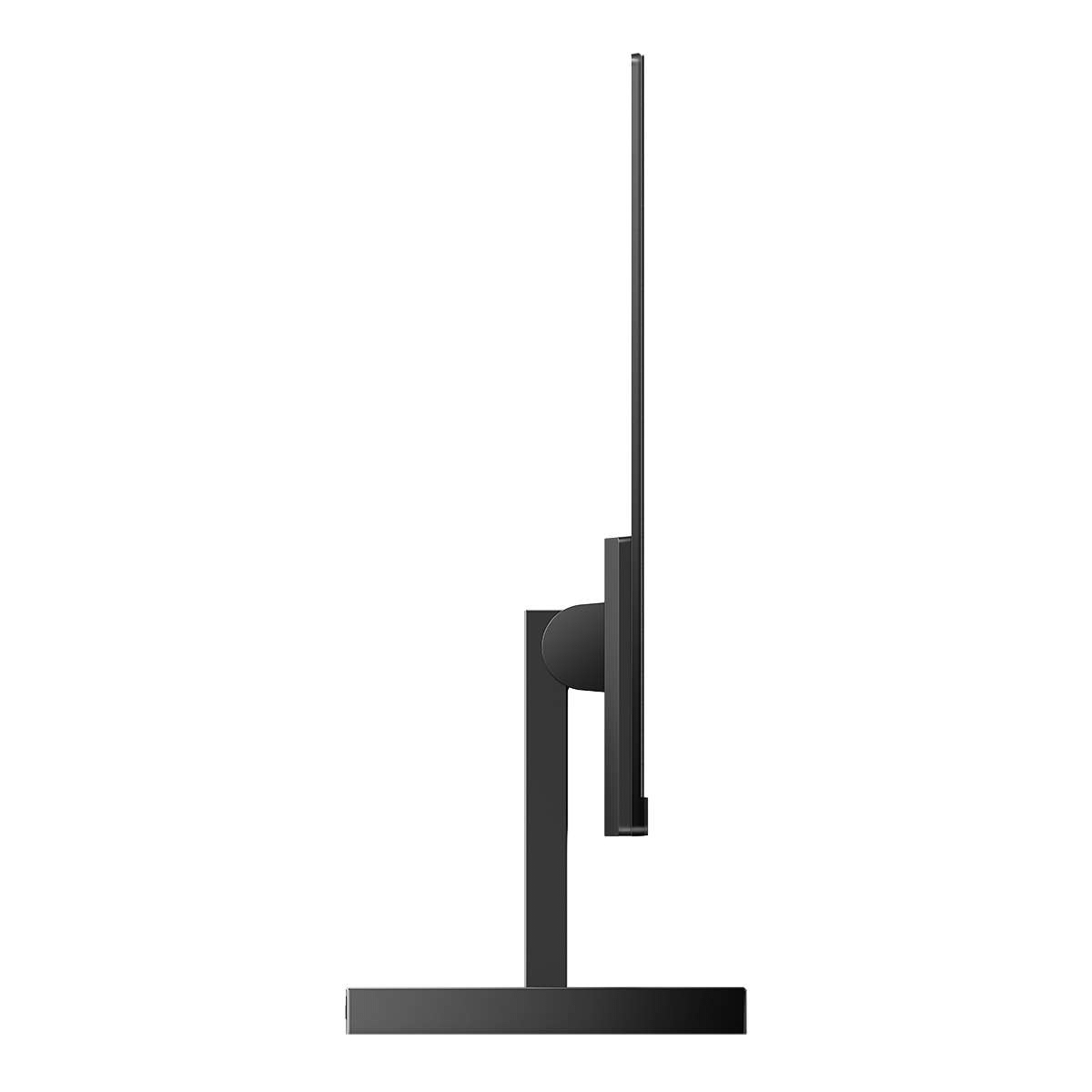 Czarny monitor komputera z boku, pokazujący podstawę i cienki ekran.