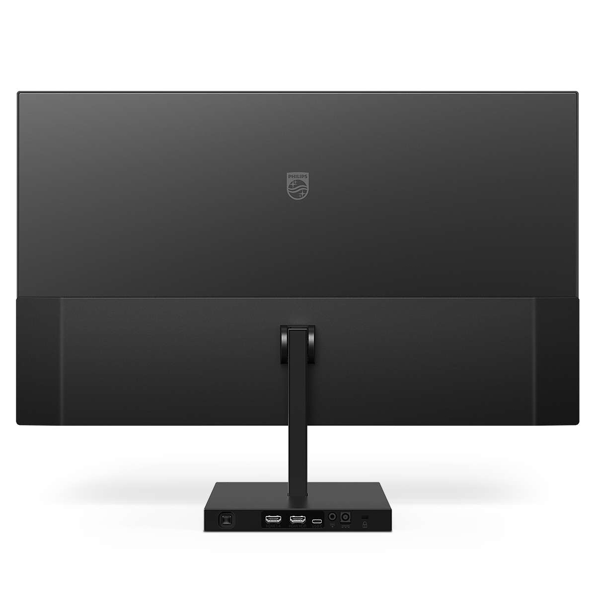 Tył czarnego monitora komputerowego ze stojakiem i portami.