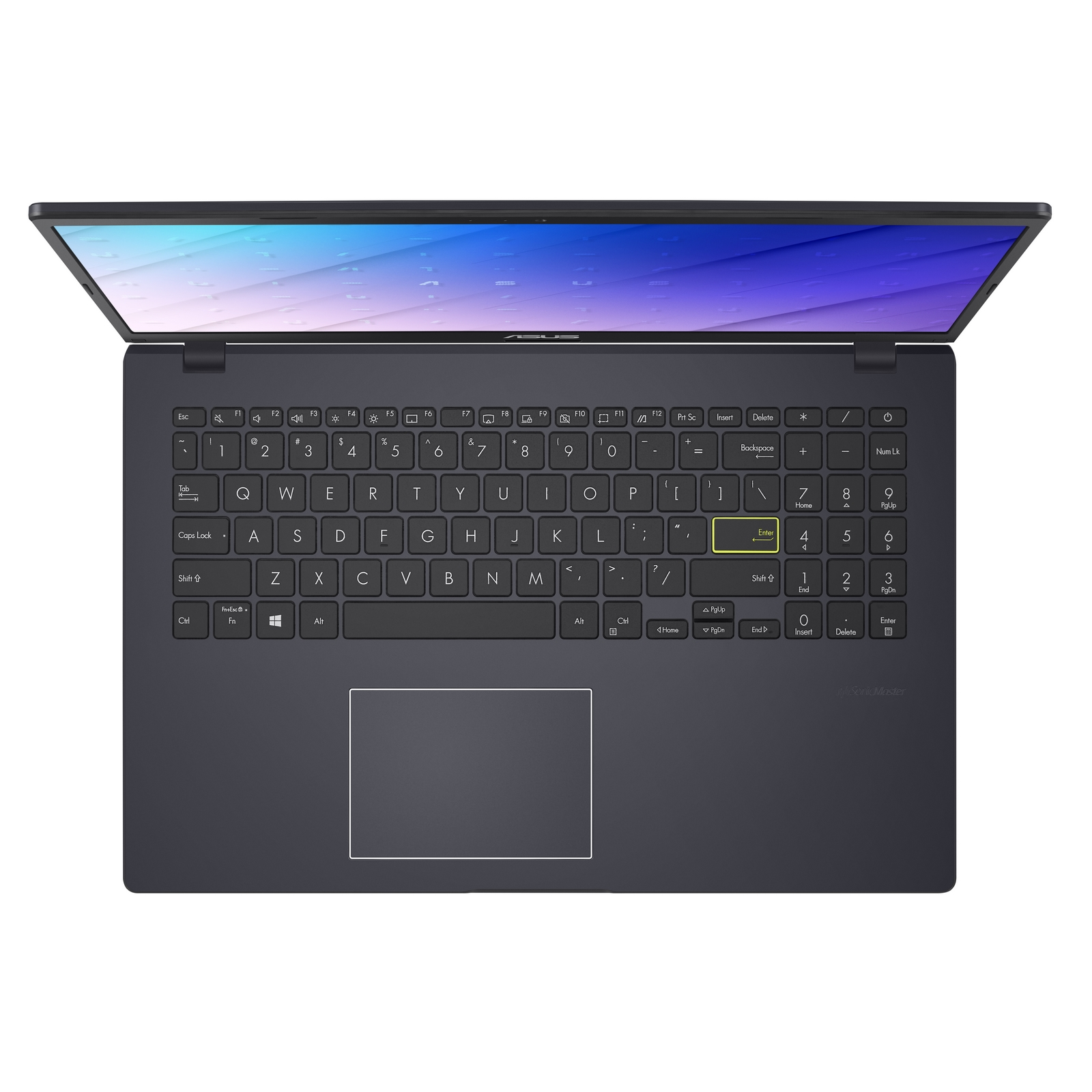 Un laptop con schermo aperto che mostra uno sfondo colorato.