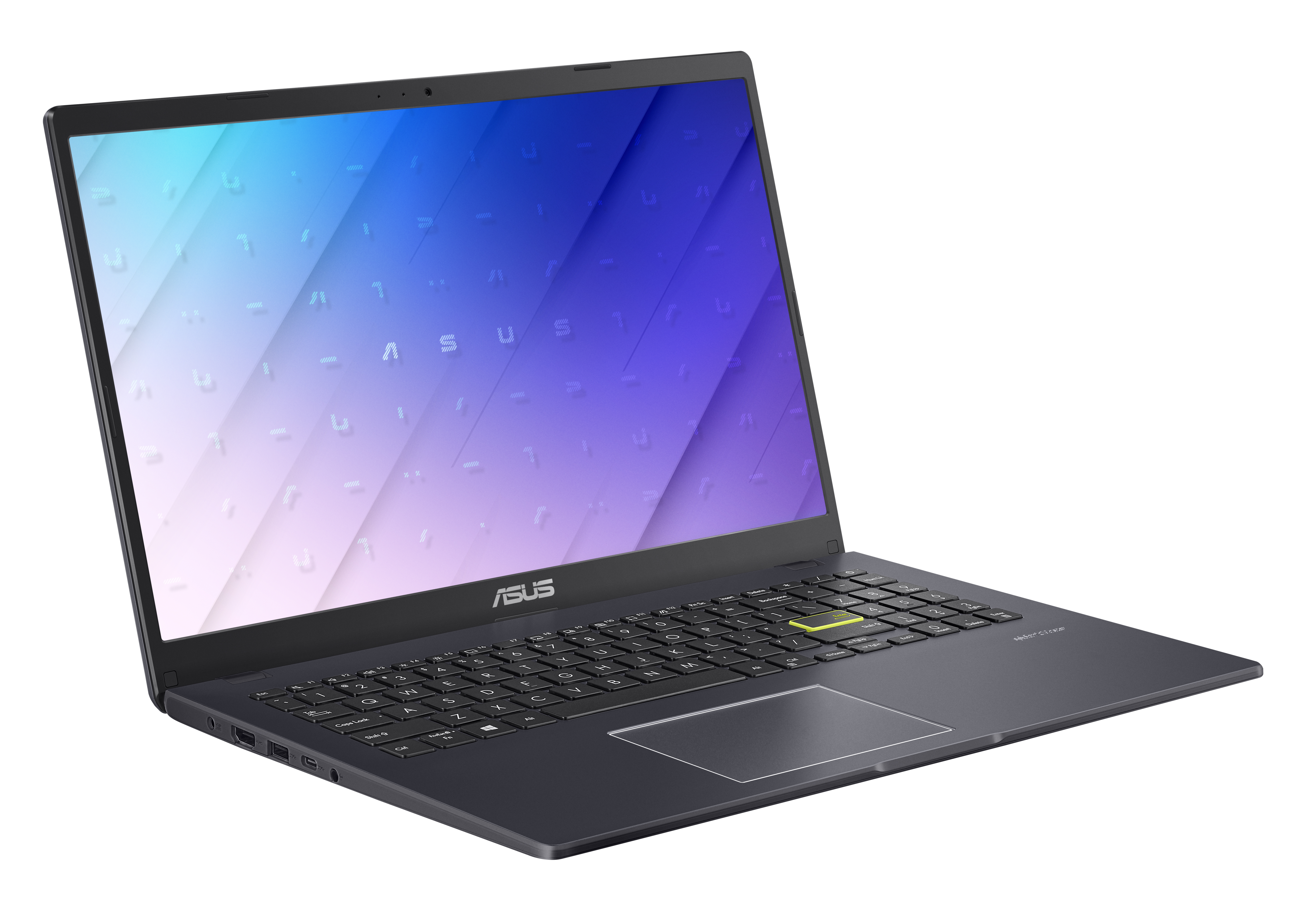 Un laptop grigio scuro è aperto, lo schermo è visibile e la tastiera è visibile.