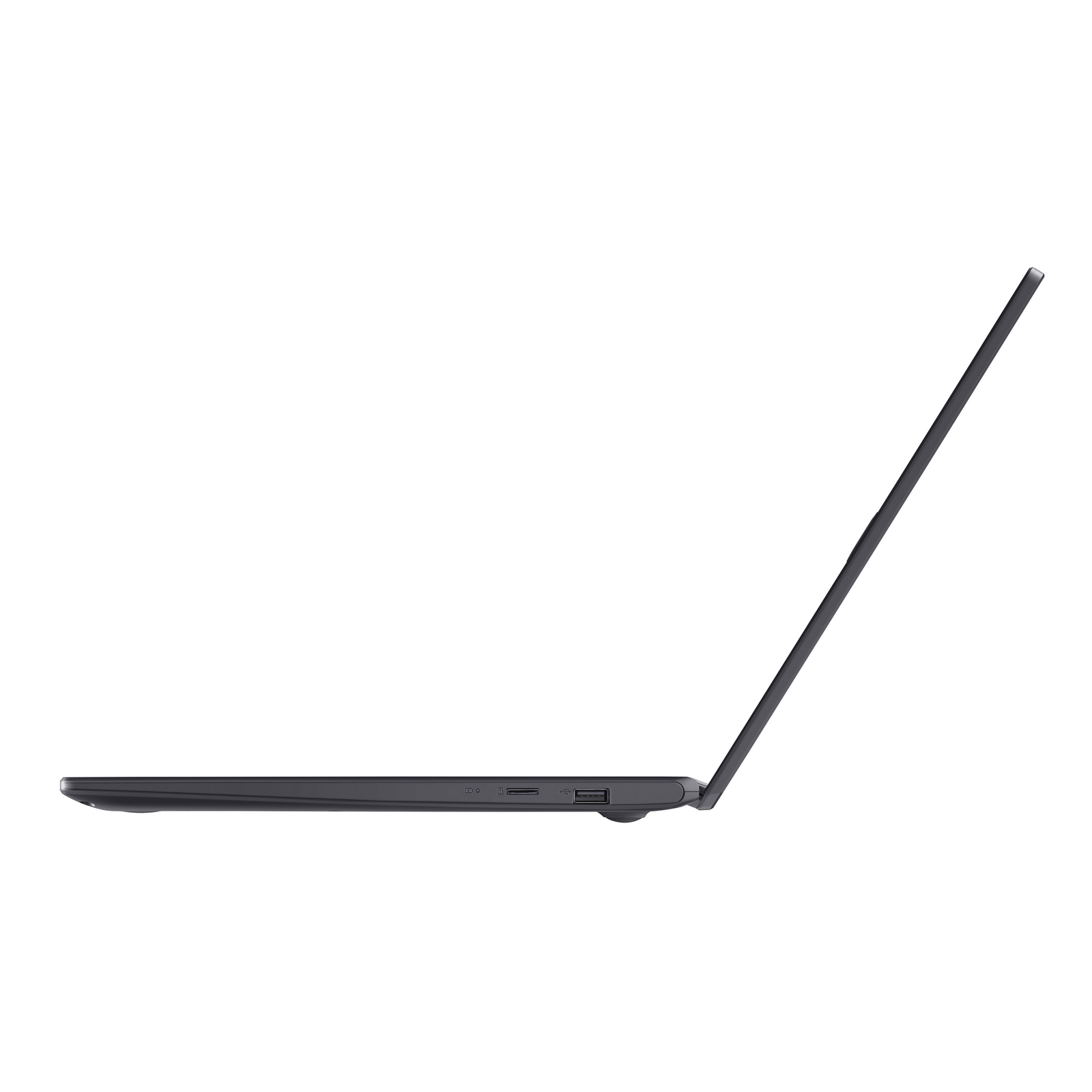 Vista laterale di un laptop nero, che mostra il lato con le porte e lo schermo aperto.