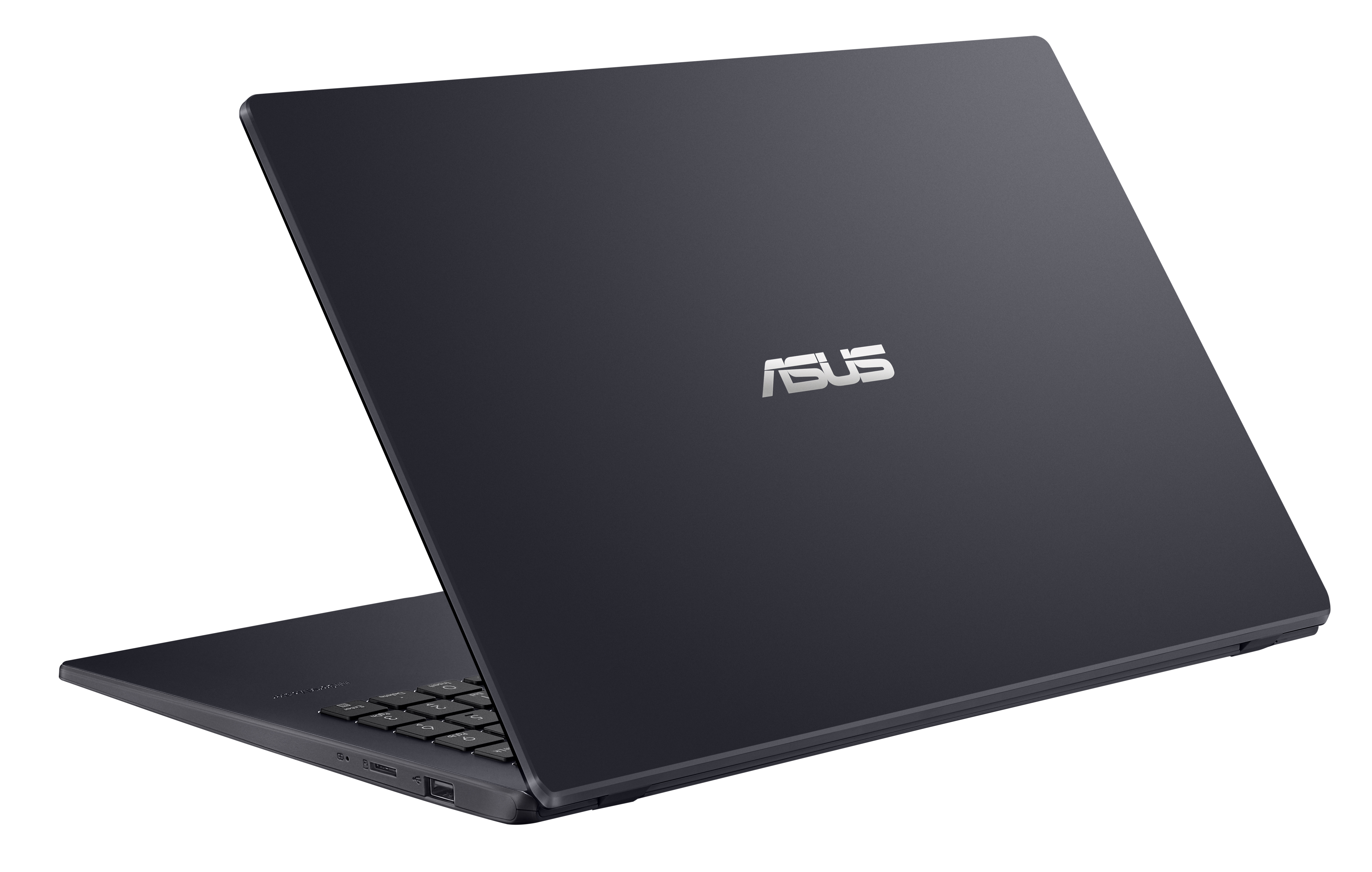 Laptop blu scuro con il logo ASUS sul retro, leggermente aperto su sfondo bianco.