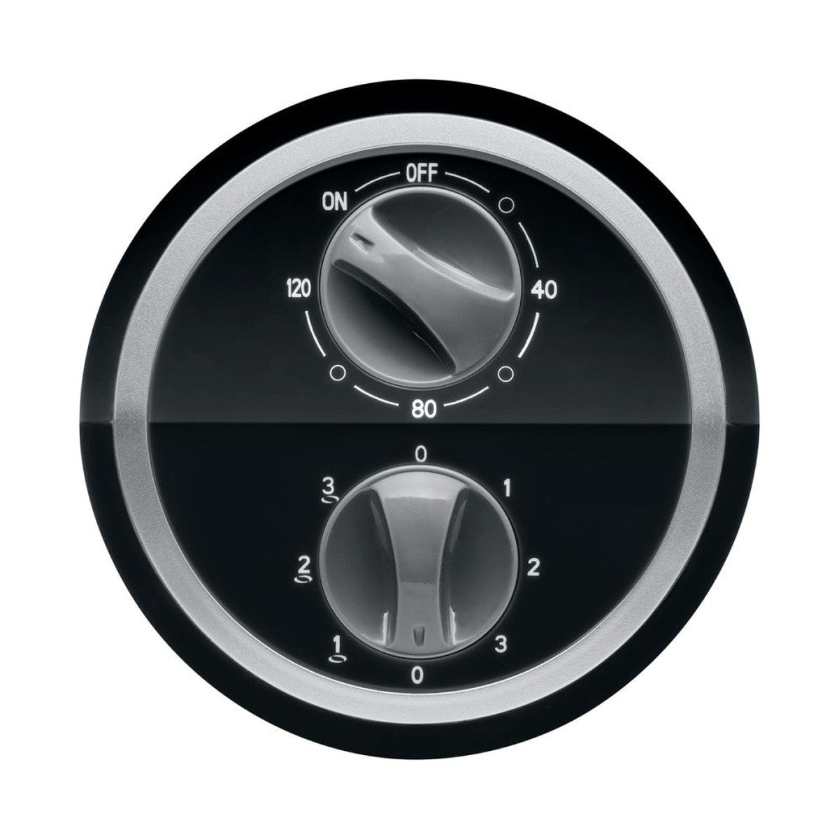 Un dial negro y plateado con números y palabras para controlar un dispositivo.