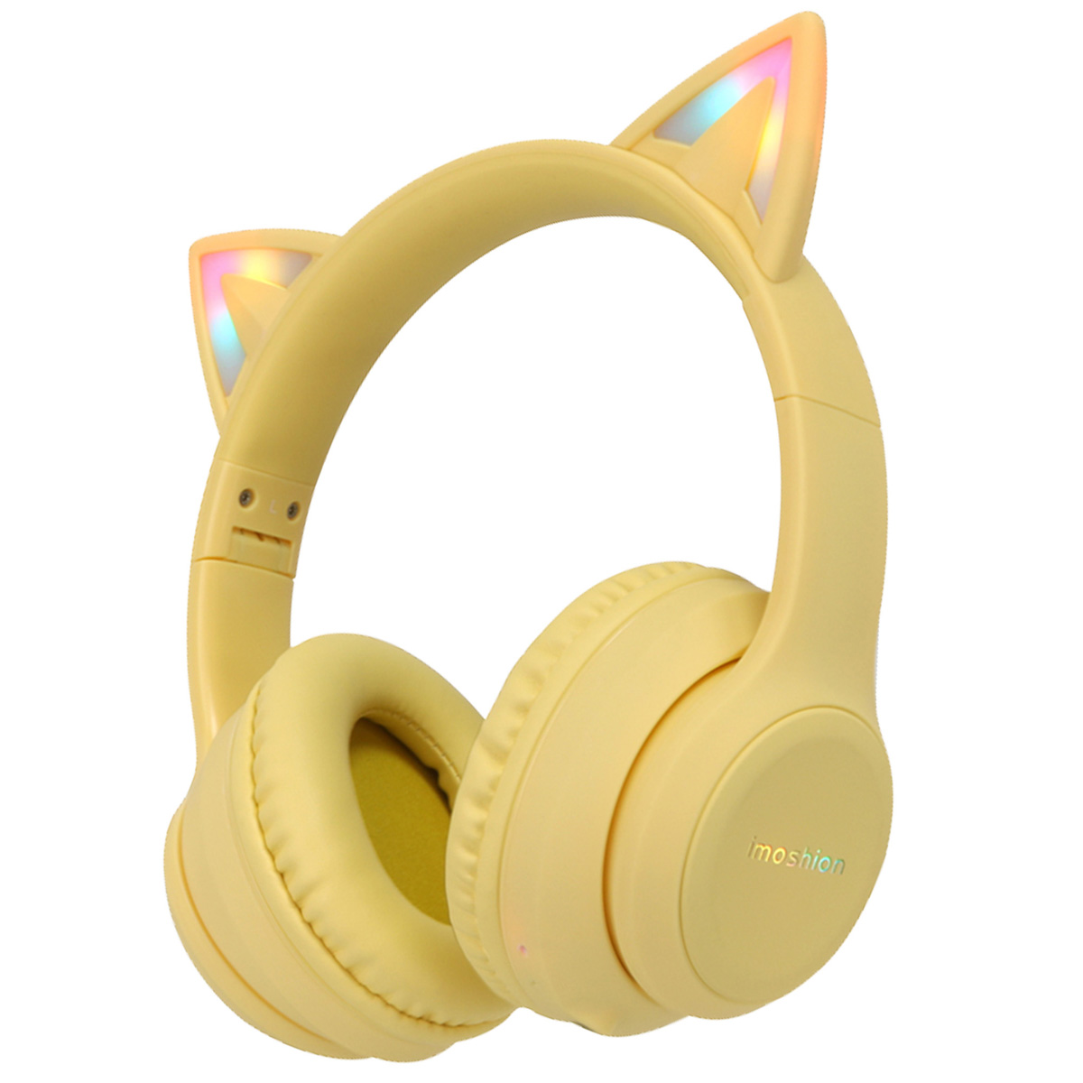Gele koptelefoon met kattenoren. Oorschelpen, hoofdband en kattenoren met lichtjes. Witte achtergrond.