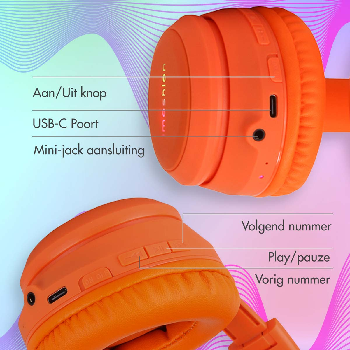 Een oranje koptelefoon met labels. Labels zijn onder andere de aan/uit-knop, USB-poort en volumeregelaars.