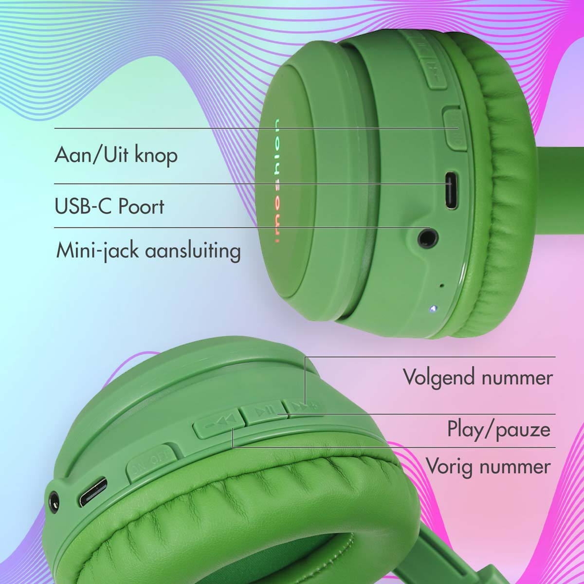 Groene draadloze hoofdtelefoon met volume- en bedieningsknoppen. Toont functies en knoppen.