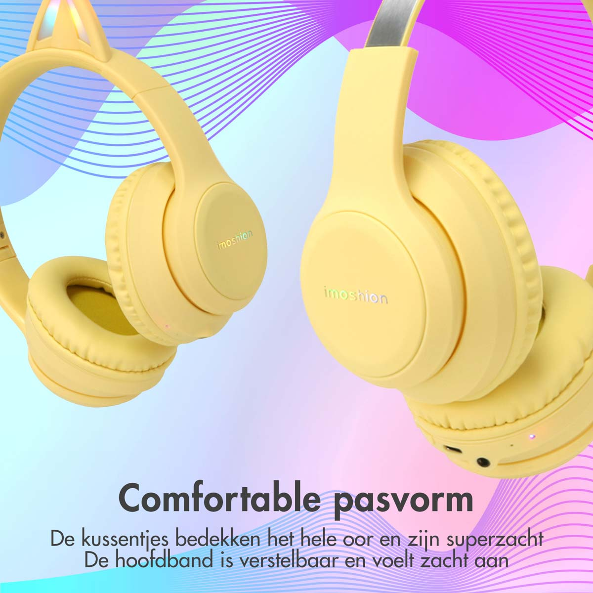 Twee gele koptelefoons met oorvormig ontwerp, geplaatst voor een kleurrijke achtergrond.