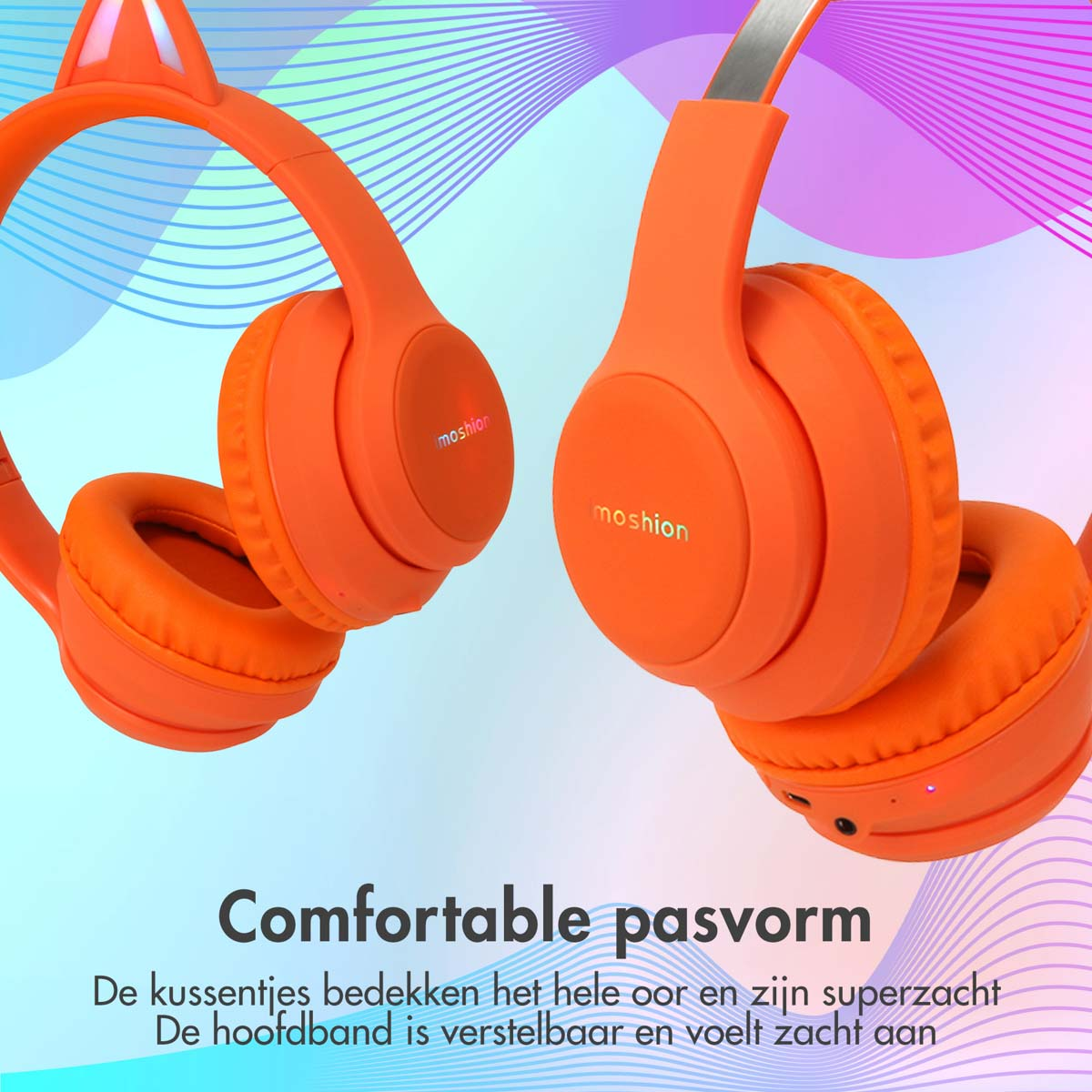 Oranje koptelefoon met kattenoordesign. Tekst zegt 'Comfortabele pasvorm'.
