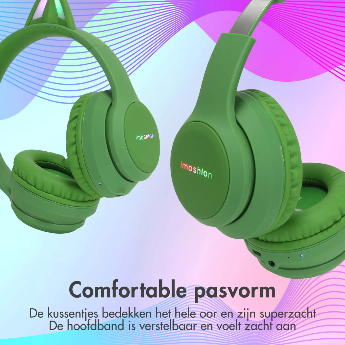 Groene koptelefoon met kattenoren. Tekst zichtbaar. Kleurrijke achtergrond.