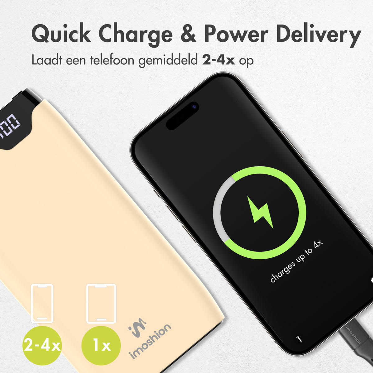 Eine beige Powerbank, die ein Telefon auflädt. Das Telefon hat ein Ladesymbol.