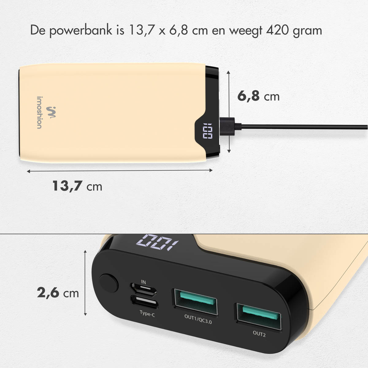 Beige Powerbank mit Abmessungen und Anschlüssen, mit Maßangaben.