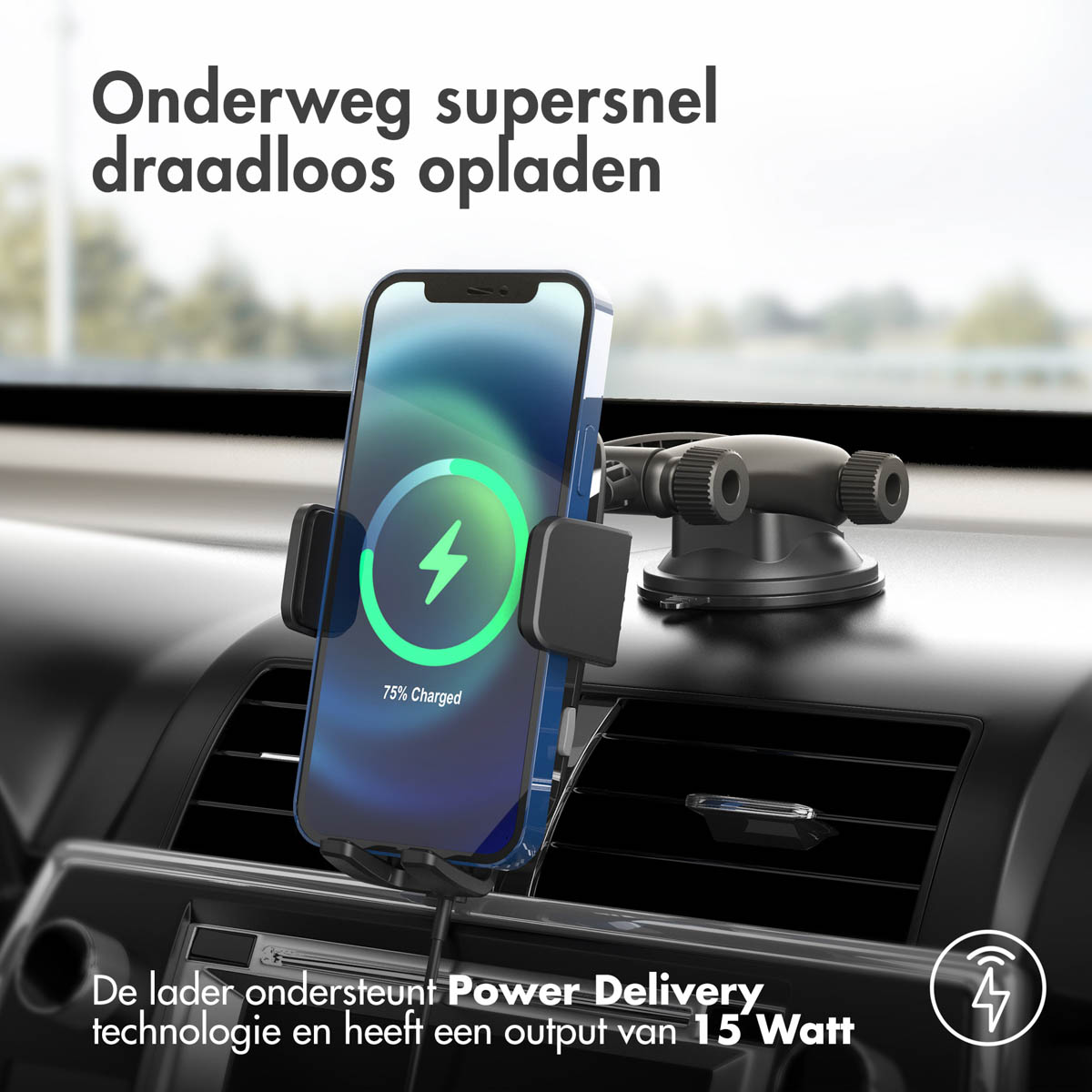 A phone in a car mount charging. Shows a phone with a charging symbol, mounted on a dashboard.