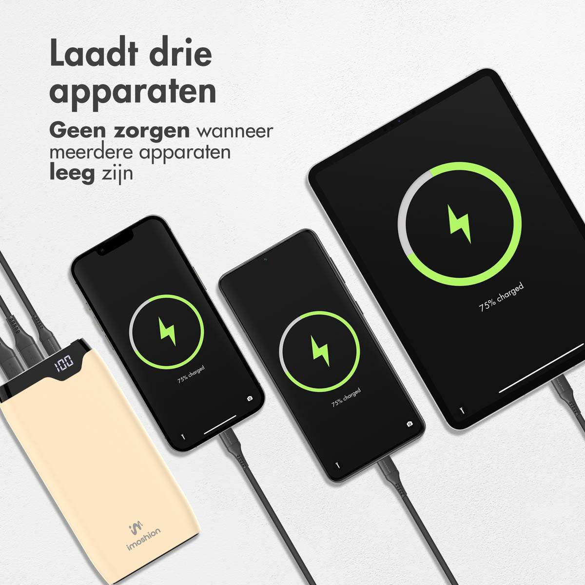 Drei Geräte laden: Telefon, Telefon und Tablet. Alle zeigen ein Ladesymbol bei 75% auf schwarzem Hintergrund.