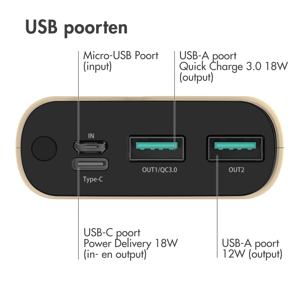 Nahaufnahme einer Powerbank mit verschiedenen Anschlüssen: Micro-USB, USB-A, USB-C. Etiketten identifizieren jeden Anschluss.