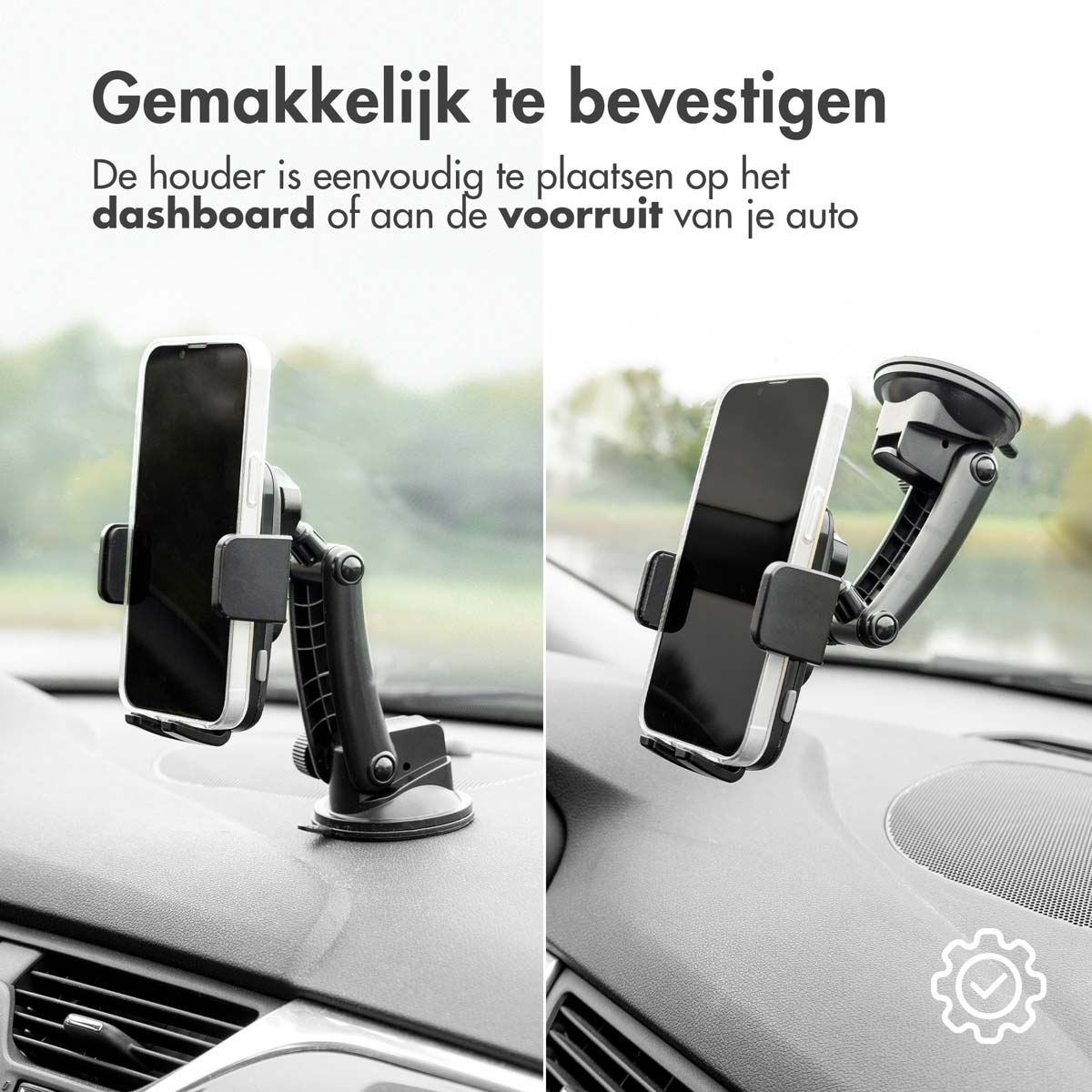Two phone mounts in a car. One is attached to the dashboard, the other to the windshield.