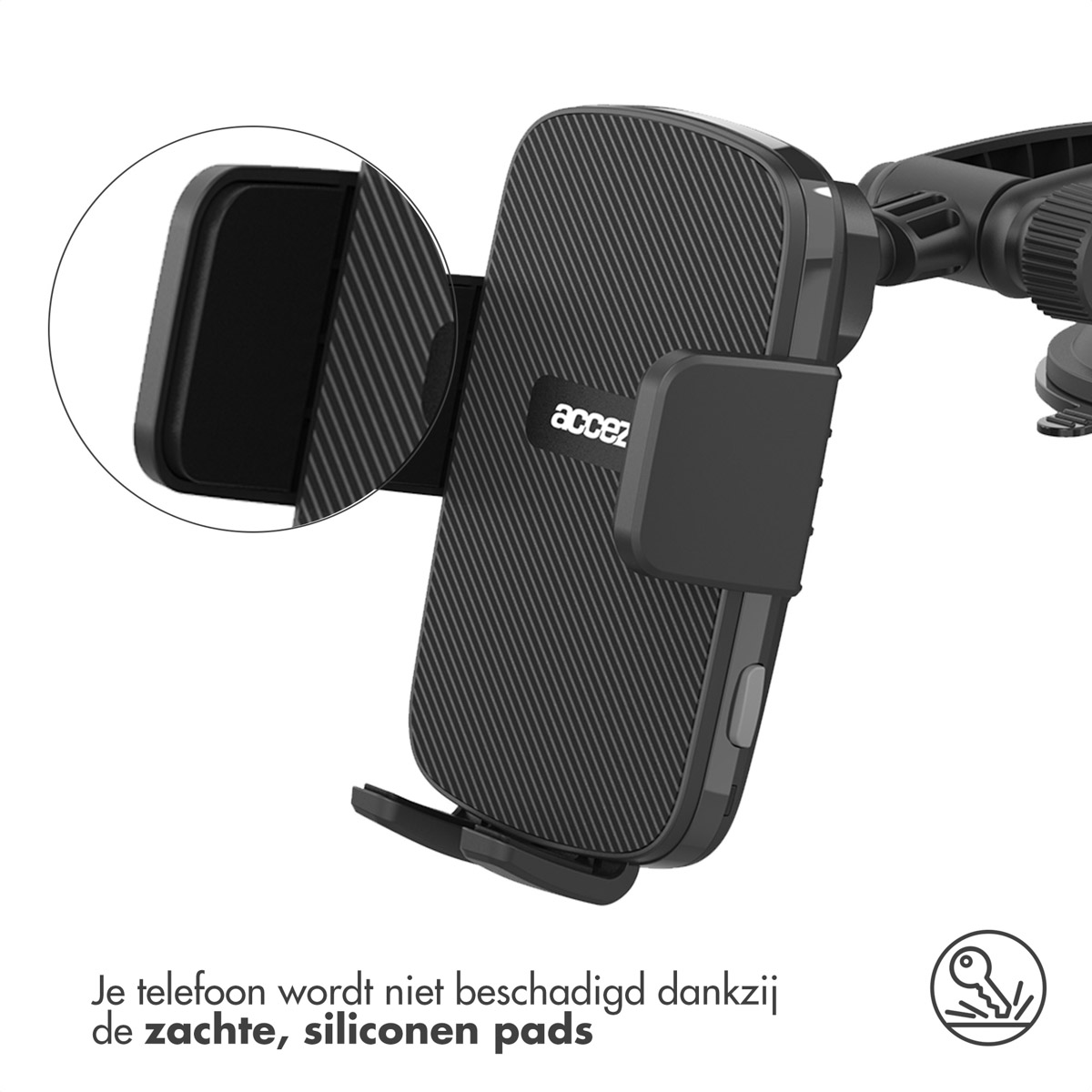 Black phone holder for a car, with a phone attached. Close-up view and white background.