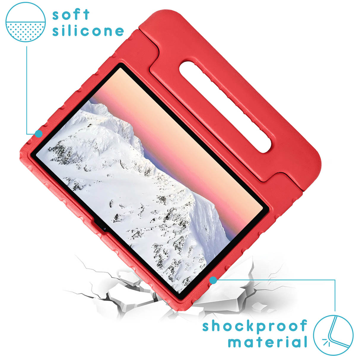 Red tablet case with handle. It is shockproof material and made of soft silicone.