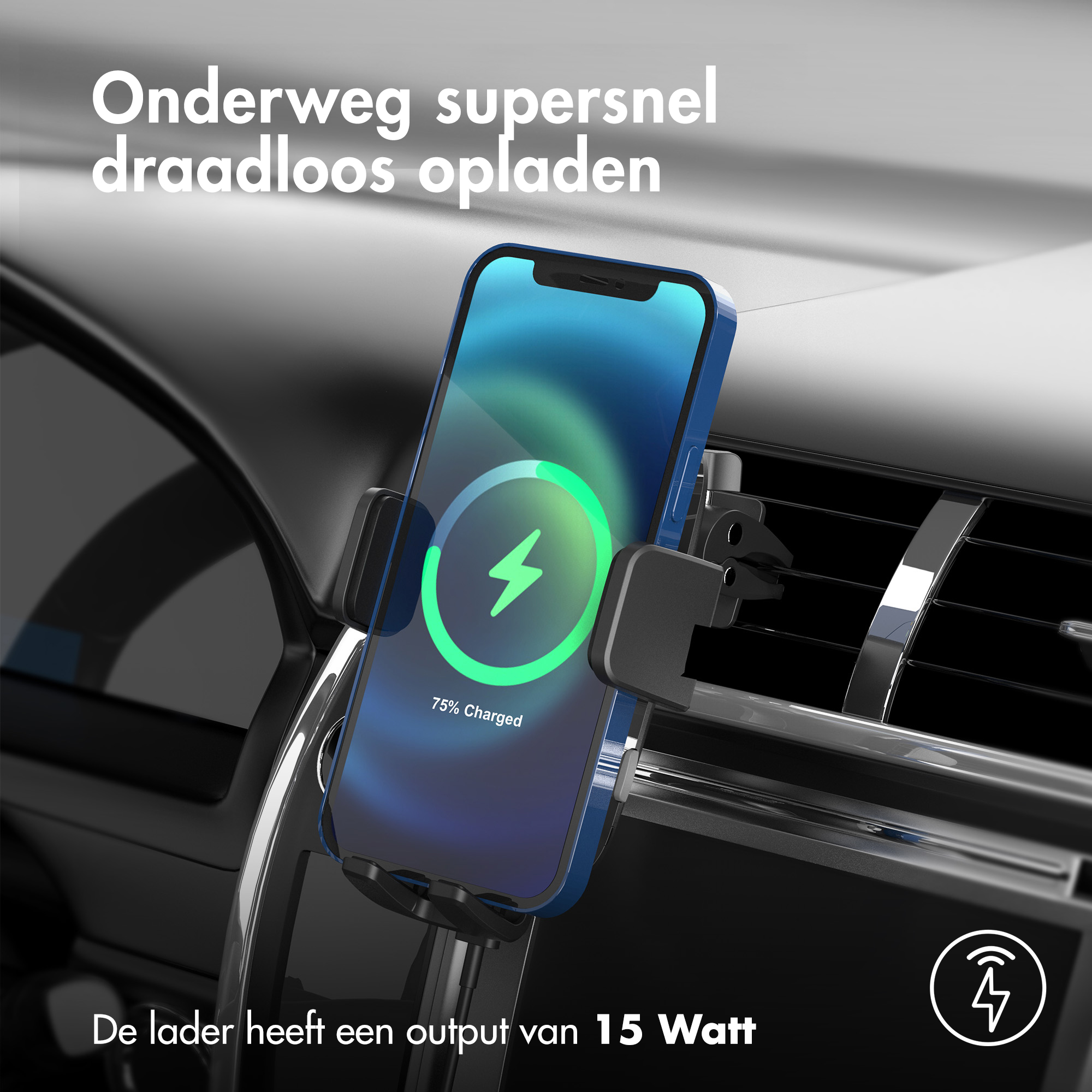 A phone charging wirelessly in a car. The screen shows a charging icon, with a blue case.