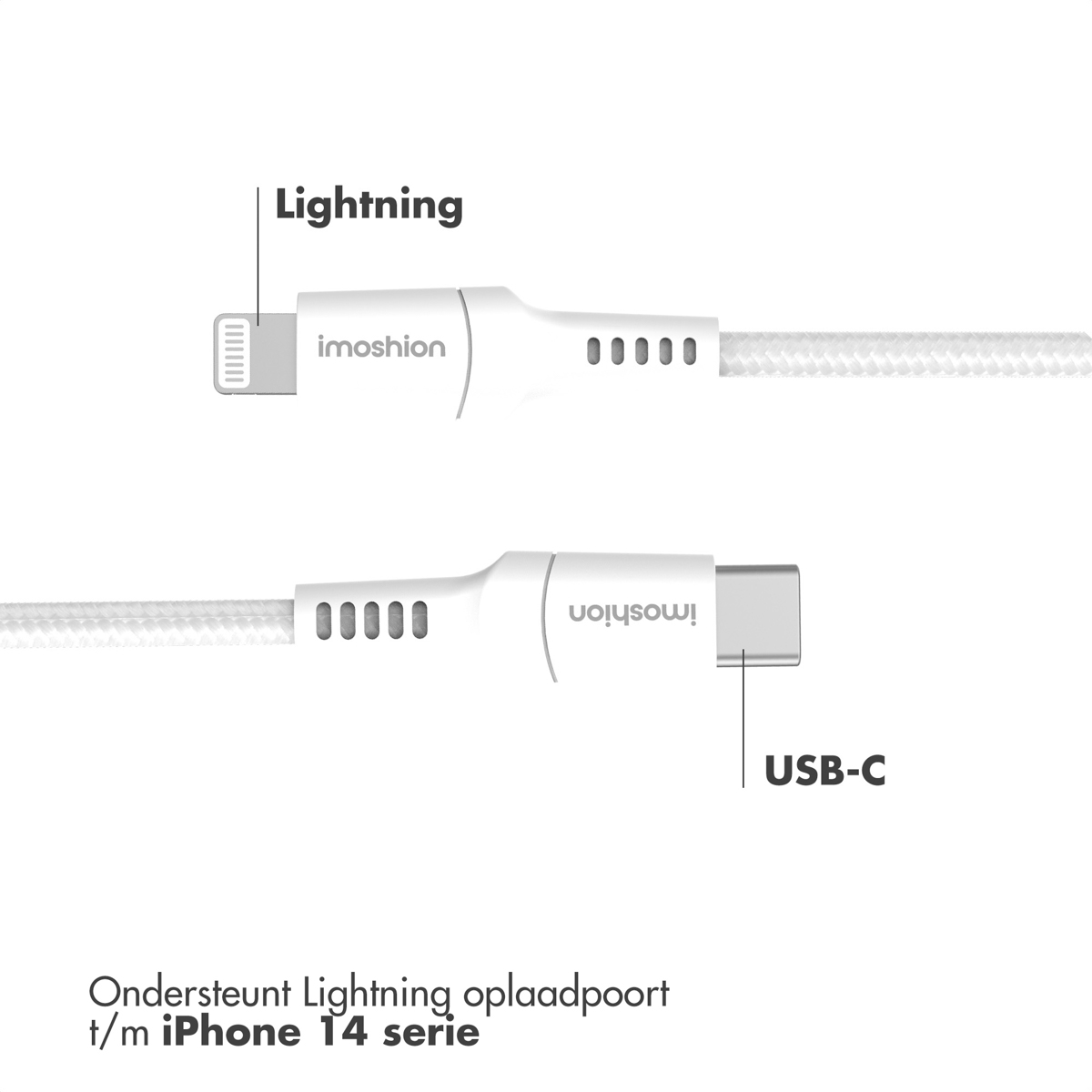 Câble blanc Lightning vers USB-C. Le câble a des connecteurs blancs aux deux extrémités avec le logo imoshion.