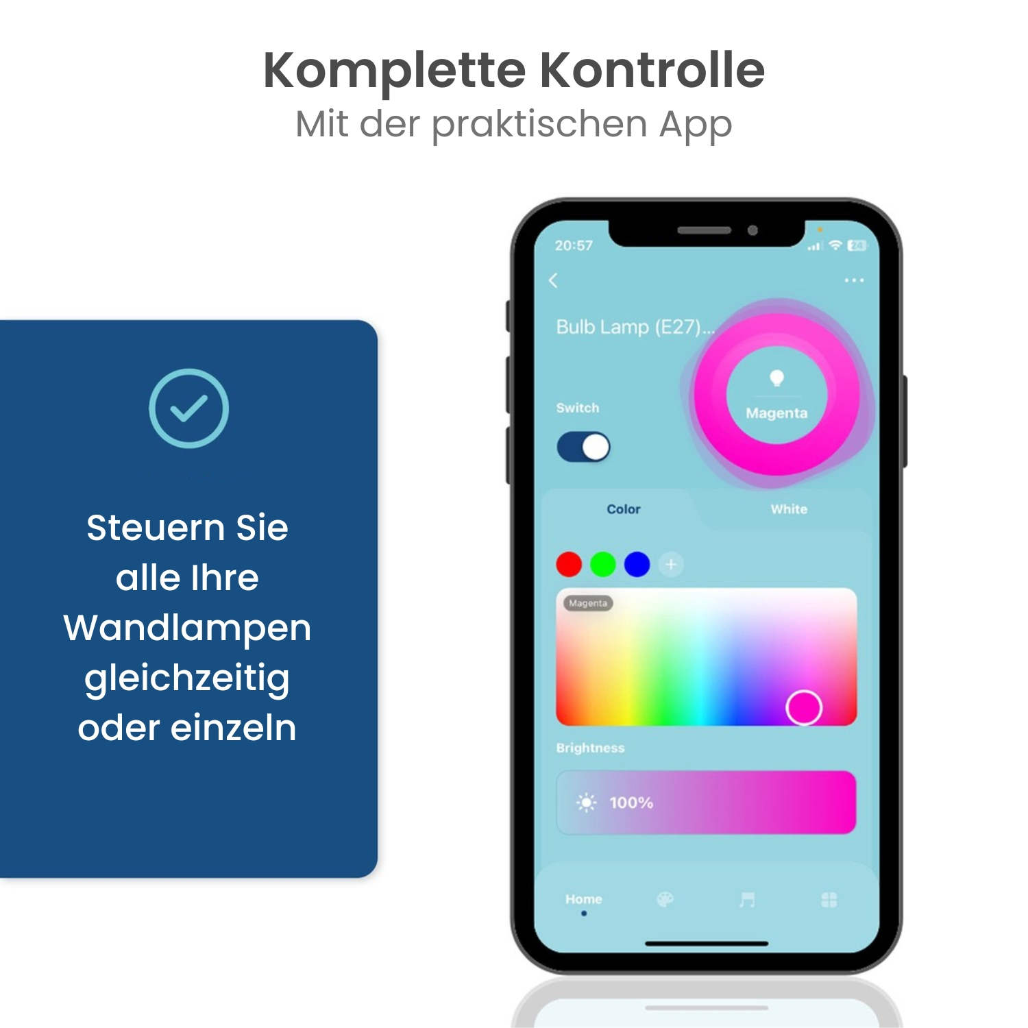 A smartphone displaying a smart home app interface for controlling wall lamps.
