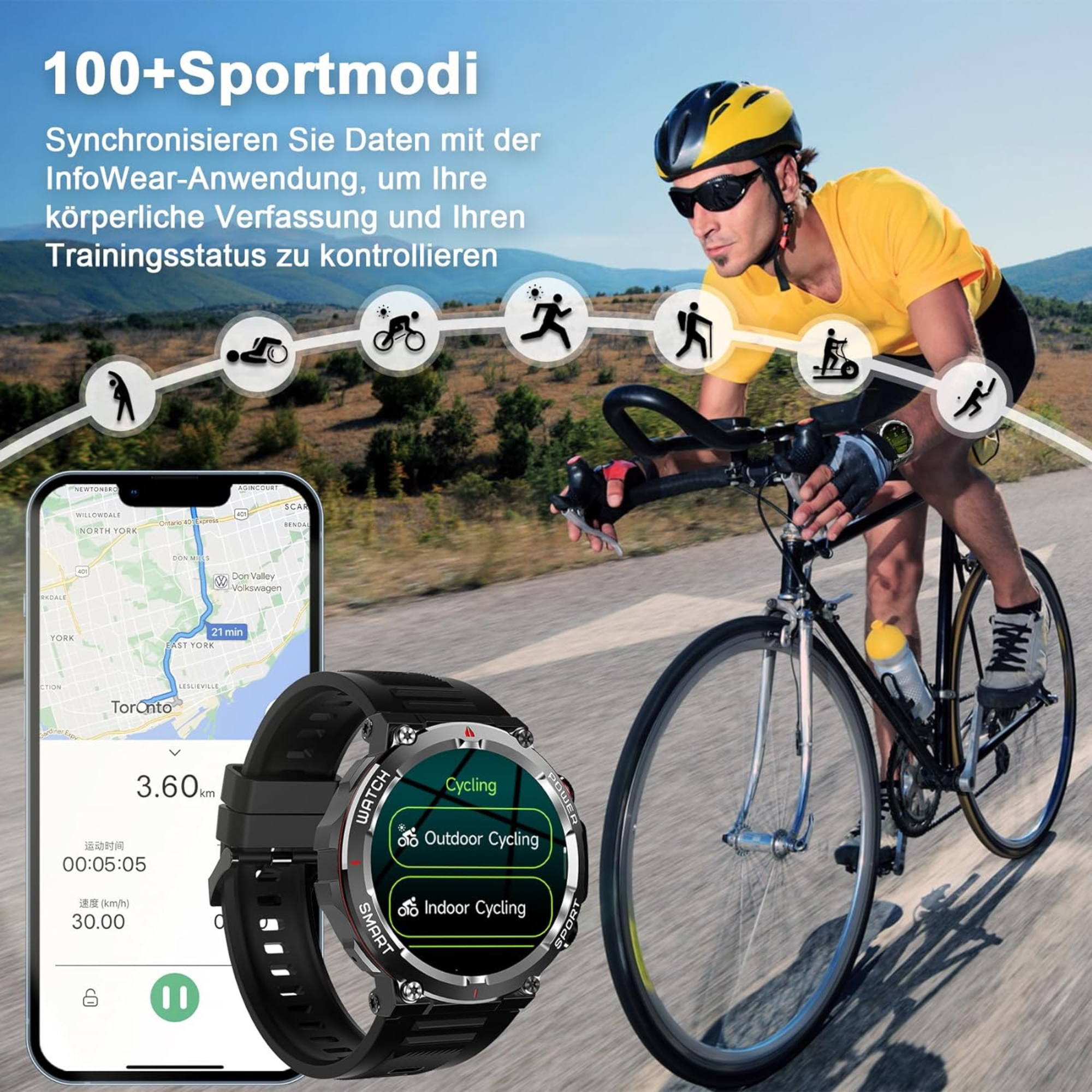 Mężczyzna na rowerze ze smartwatchem i telefonem z interfejsem.