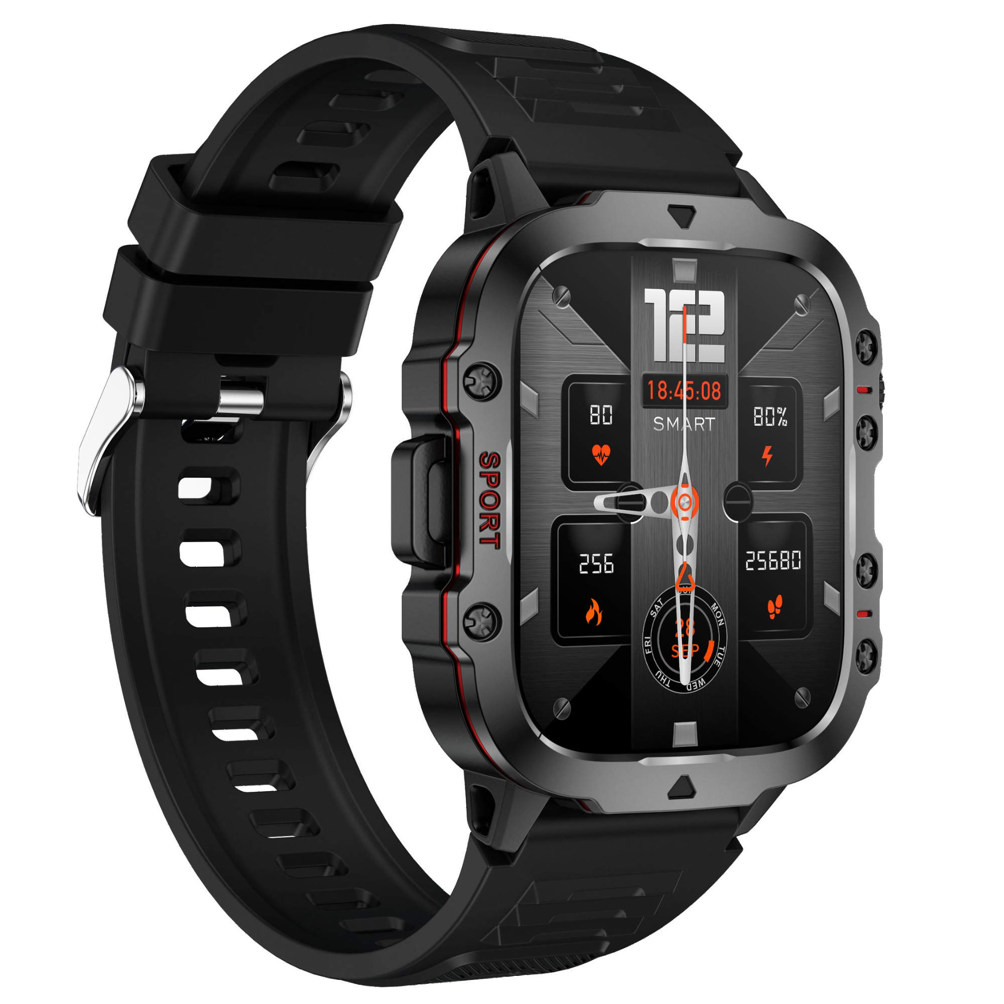 Czarny smartwatch z czarnym paskiem. Ekran wyświetla godzinę i dane zdrowotne.